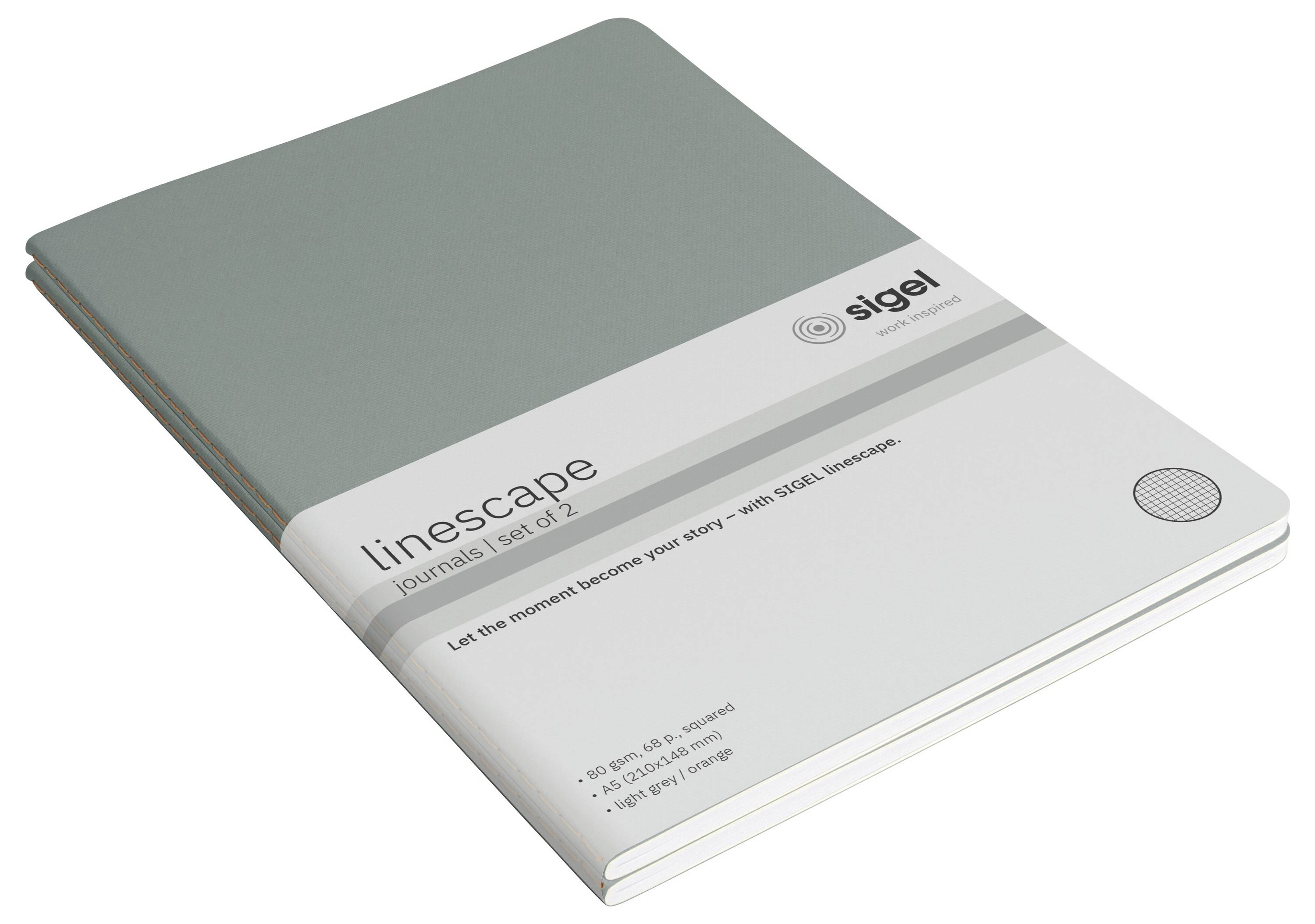 Ein grünes Sigel 'lineScape' Tagebuch-Notizbuch, 2er-Set, geschlossen auf weißem Hintergrund dargestellt.