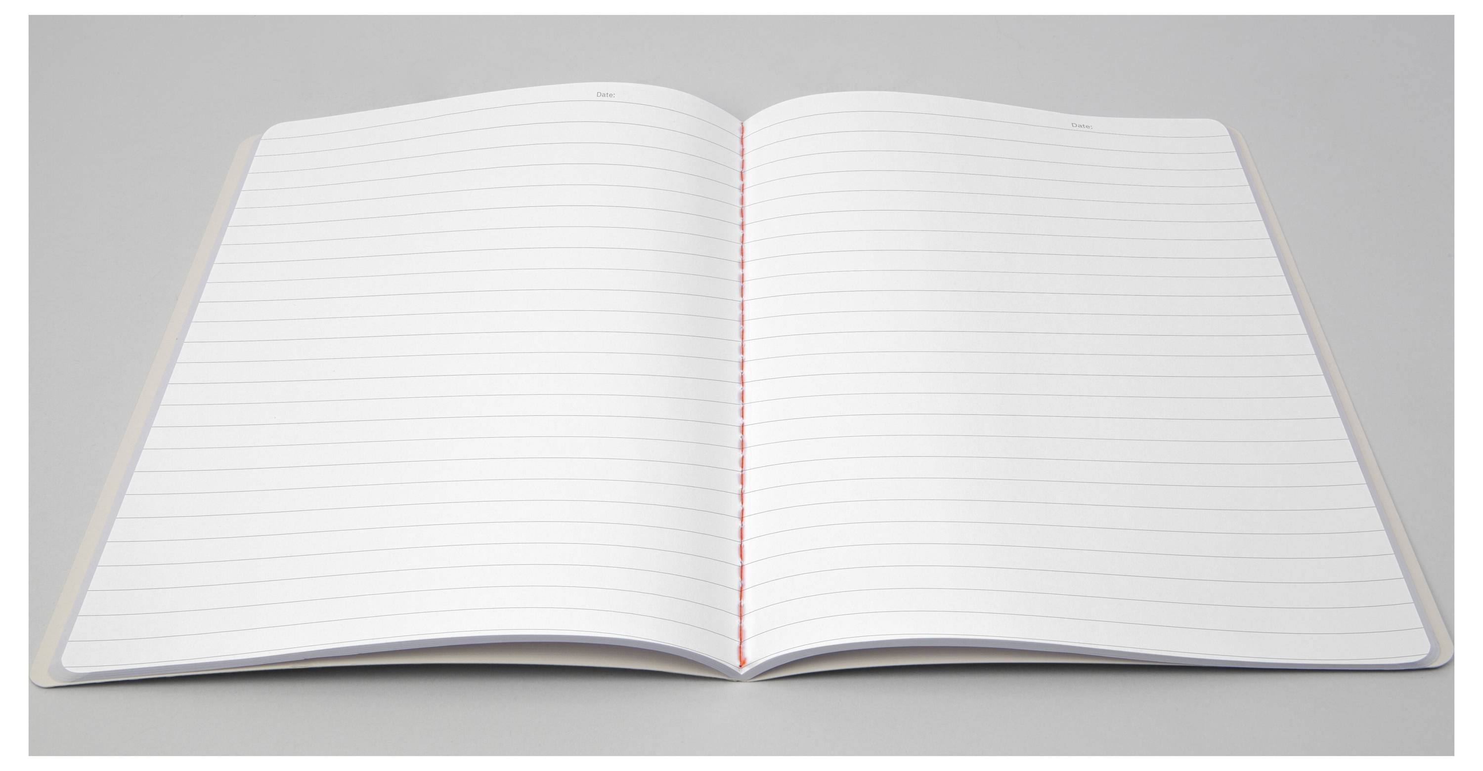 Ein aufgeschlagenes leeres Notizbuch mit Linien liegt flach auf einem grauen Hintergrund, wobei zwei gegenüberliegende Seiten sichtbar sind.