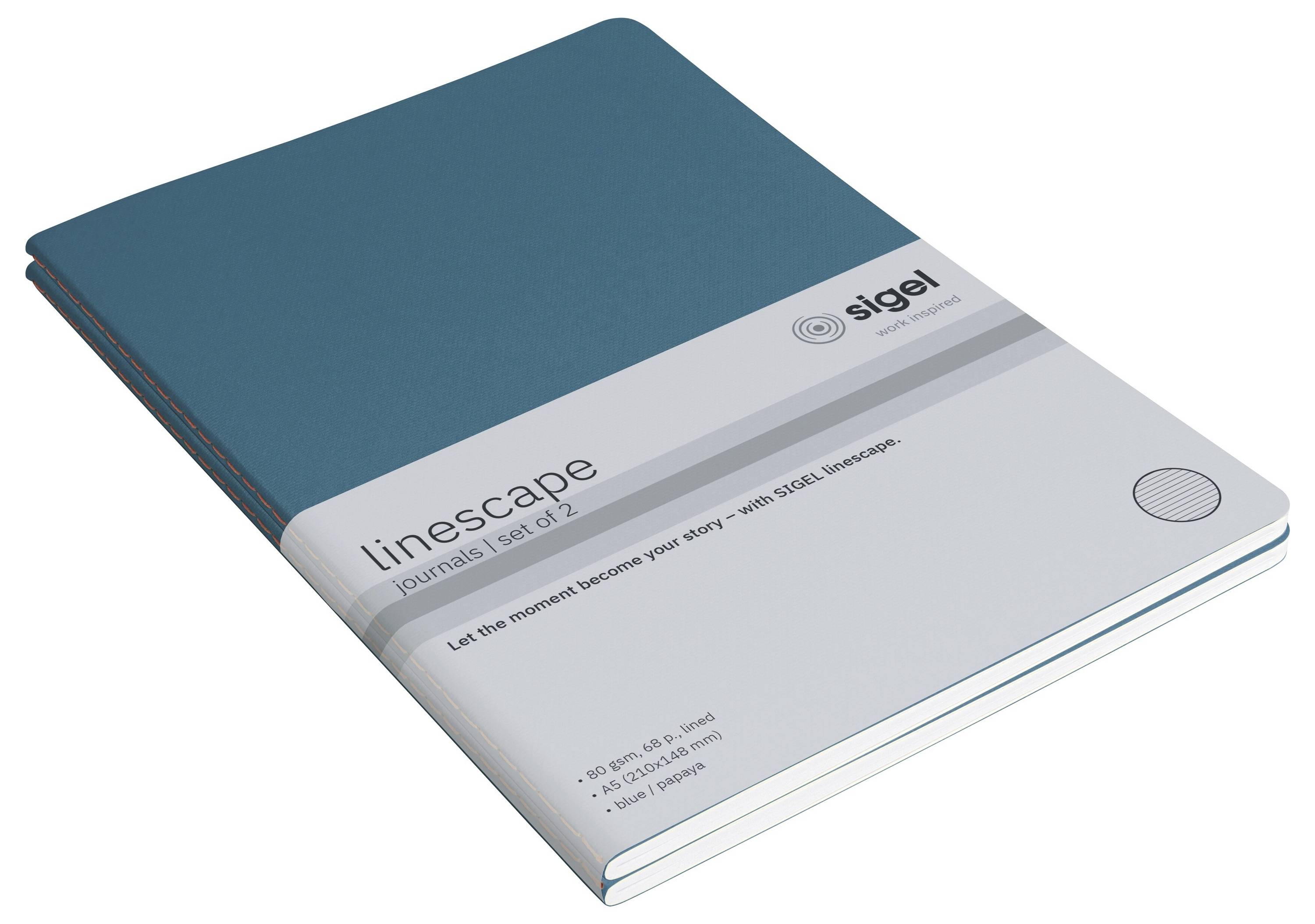 Teal- und hellgrau farbiges Sigel 'linescape' Notizbuch-Set mit 2 Notizbüchern, übereinander gestapelt und in einem Winkel auf weißem Hintergrund angeordnet.