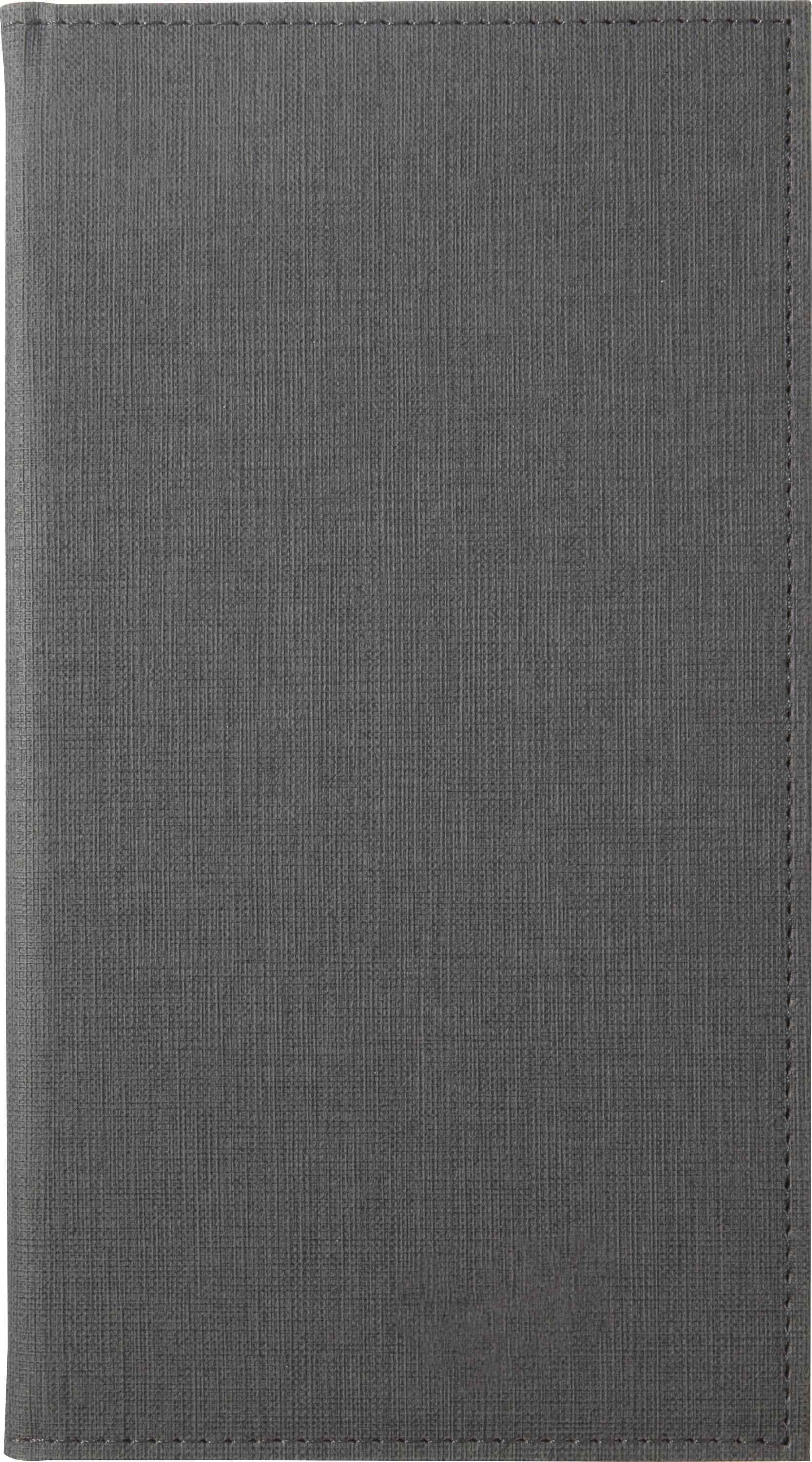 Ein geschlossenes, einfaches schwarzes Notizbuch mit strukturierter Oberfläche, ohne sichtbare Markenzeichen oder Markierungen, vor einem weißen Hintergrund.