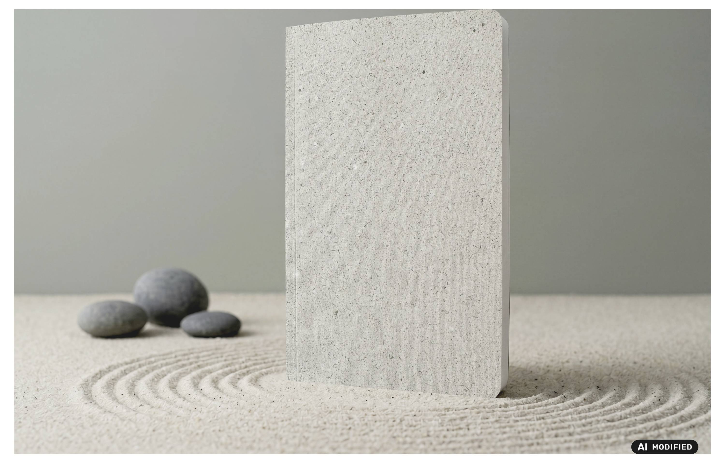 Minimalistische Szene mit einer hohen gesprenkelten Steinplatte, die auf Sand neben drei glatten Kieselsteinen und kreisförmigen, rechen-ähnlichen Mustern steht.