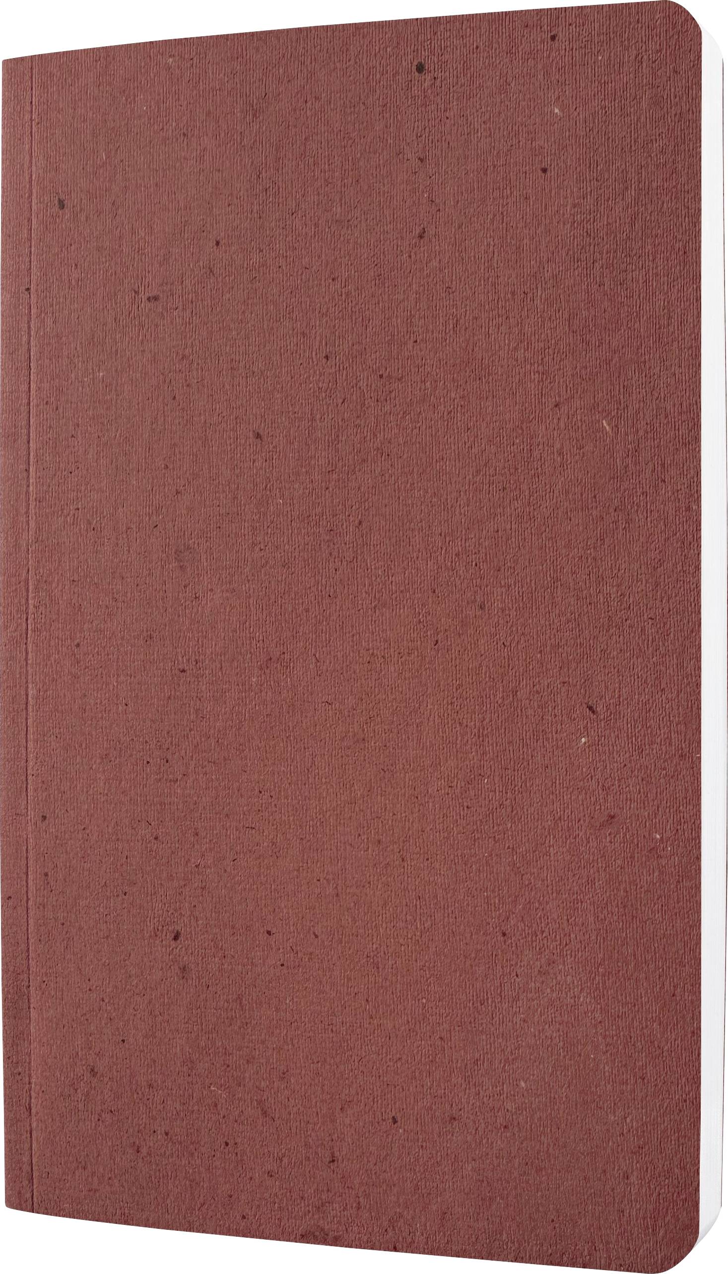 Ein brauner Hardcover-Notizblock mit einem schlichten und unverzierten Design, geschlossen und aufrecht stehend.