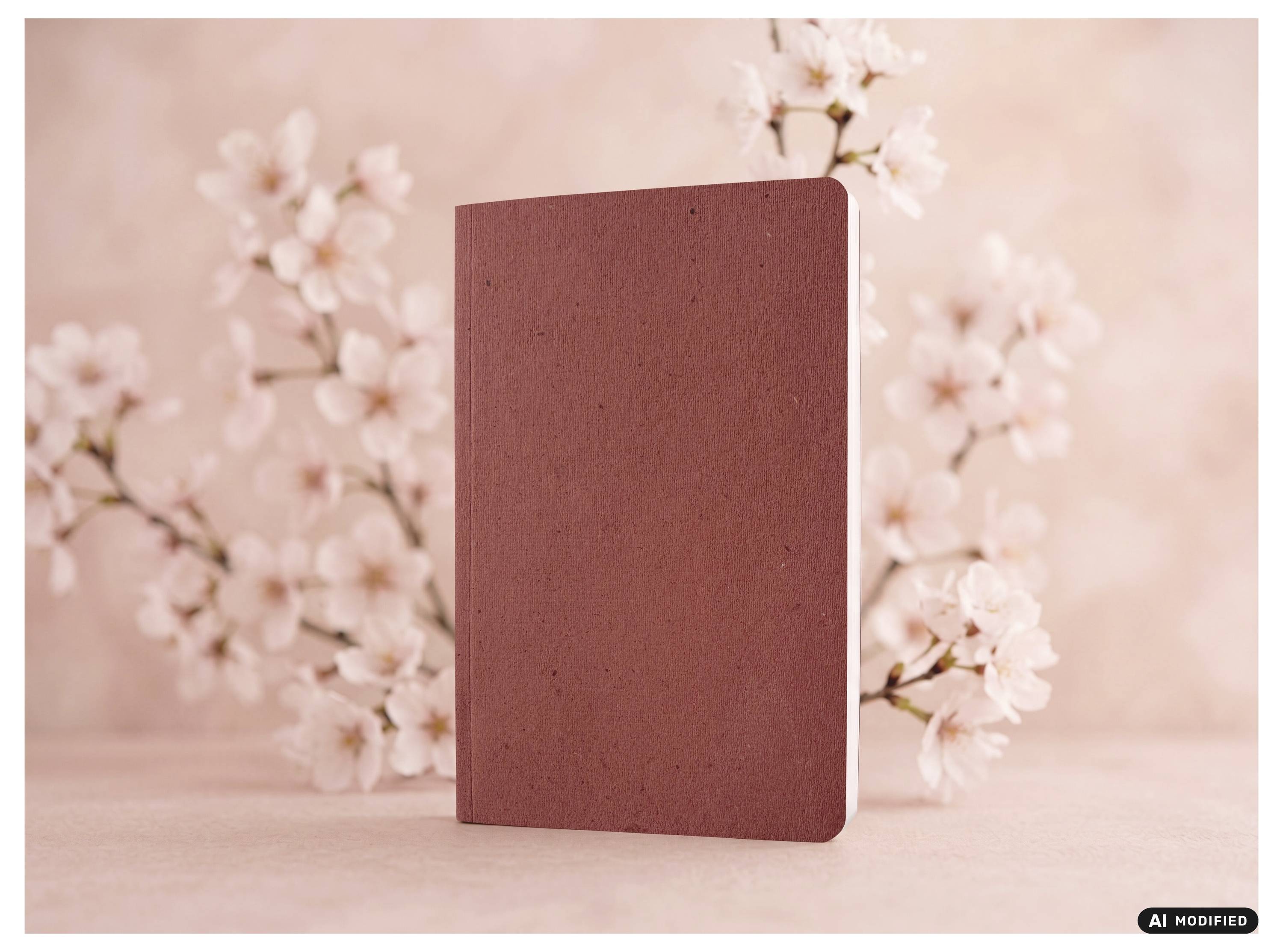 Ein leeres bordeauxrotes Notizbuch, das aufrecht gegen einen sanften rosa Hintergrund mit Kirschblüten gestellt ist.