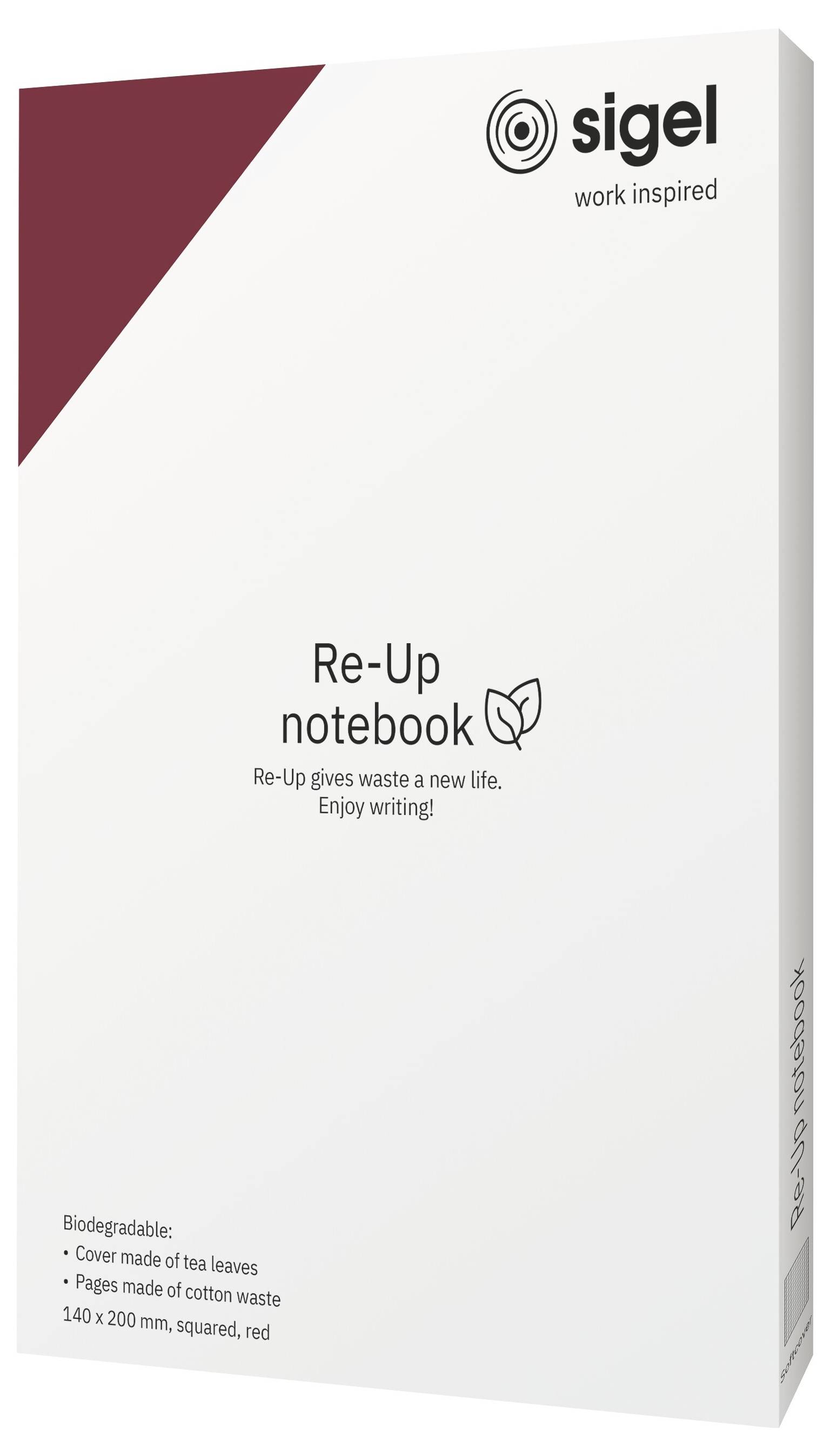 Weißes Sigel 'Re-Up Notizbuch'-Box mit rotem Eckakzent; gekennzeichnet biologisch abbaubar, Teeblatt-Bezug, Baumwollabfallpapier, 140 x 200 mm kariert rot.