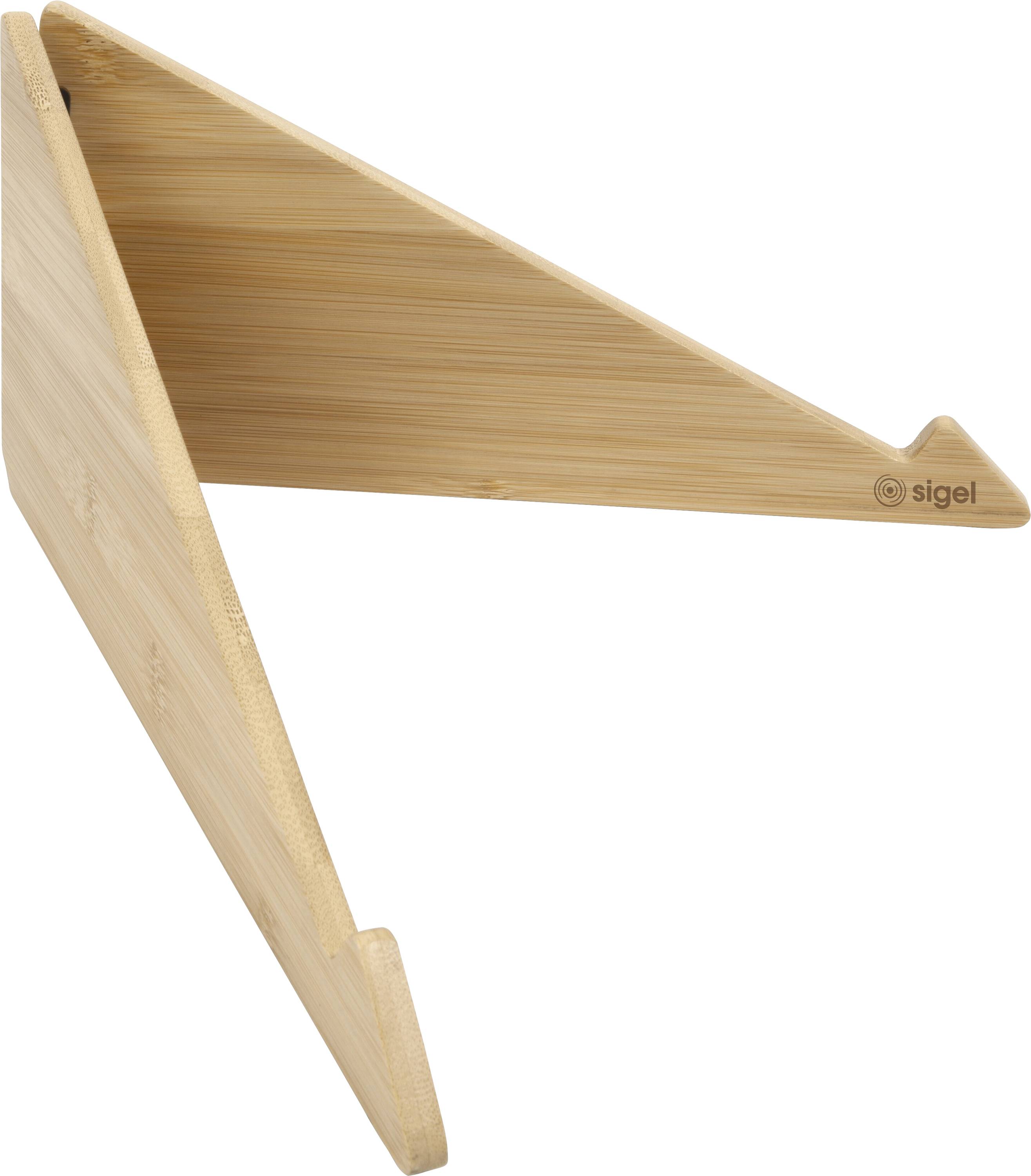 Ein Tablet-Ständer aus Holz, der mit einer dreieckigen Form und Rillen gestaltet ist, um ein Gerät aufrecht zu halten.