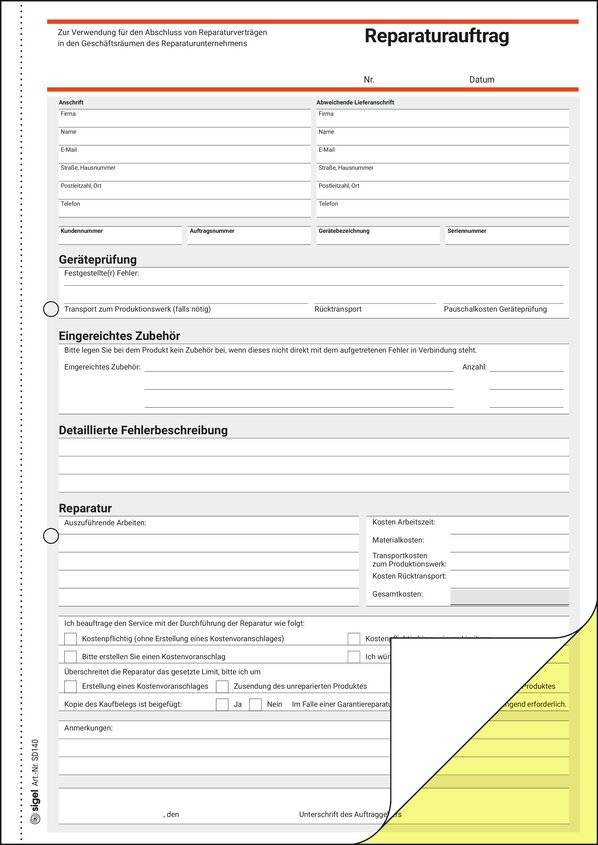 Sigel Reparaturauftrag Formular farbige Durchschläge DIN A4 Anzahl der Blätter: 80 SD140