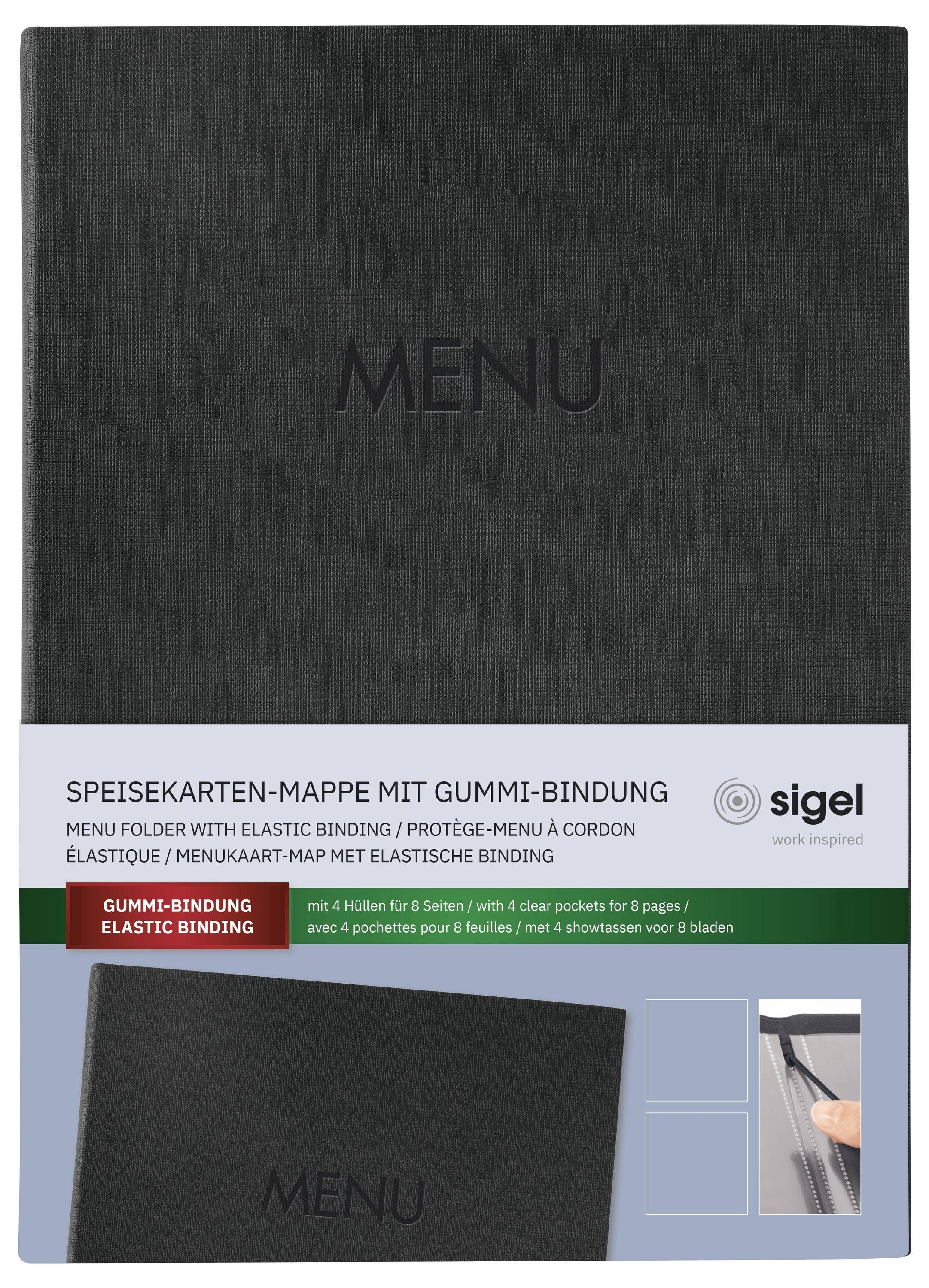 Sigel SM202 Speisekarten-Mappe DIN A4 1 St. inkl. 2 Doppel-Transparenthüllen für 8 Seiten, Gummi-Bindung Schwarz