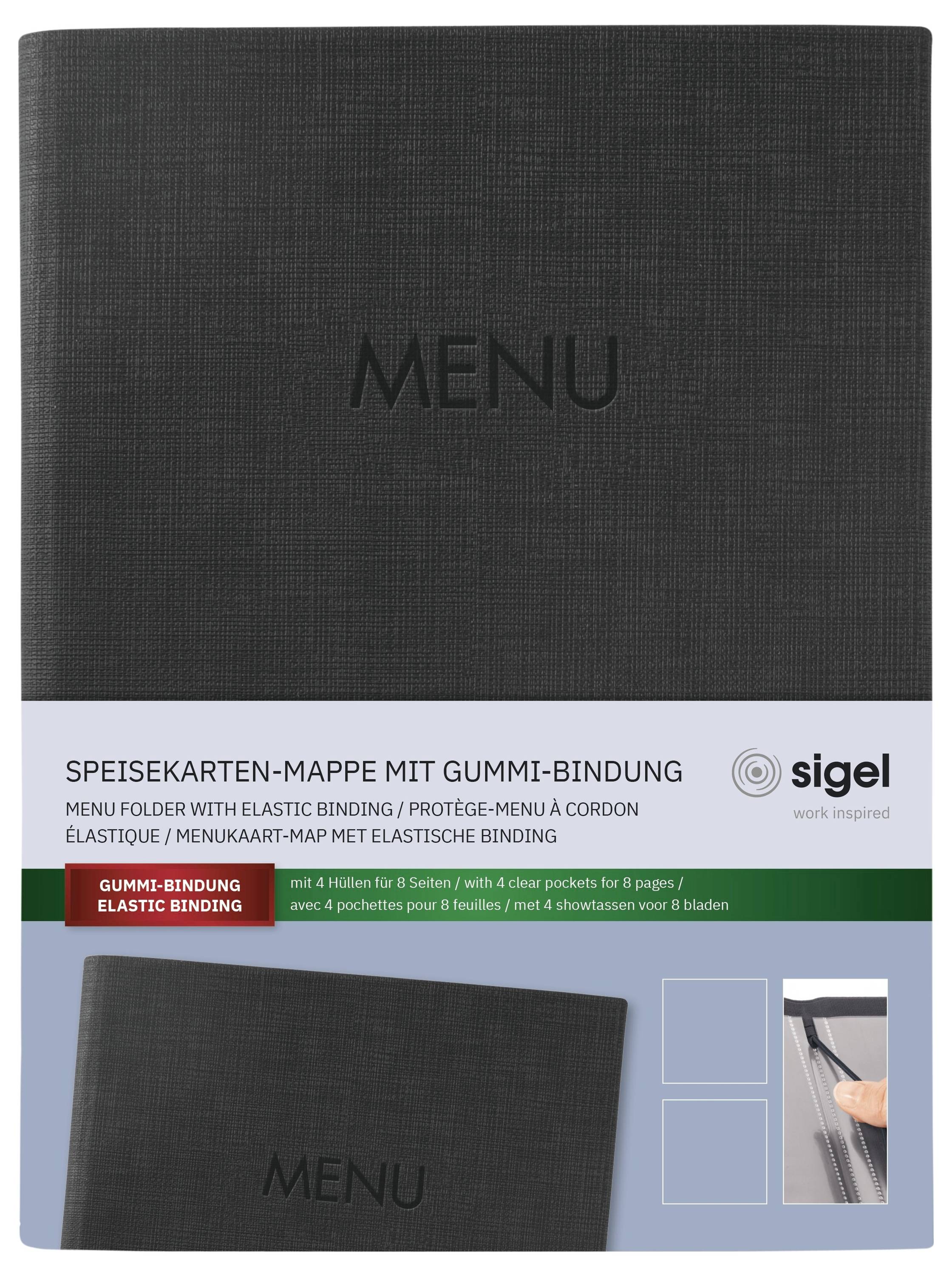 Sigel SM203 Speisekarten-Mappe DIN A5 1 St. inkl. 2 Doppel-Transparenthüllen für 8 Seiten, Gummi-Bi
