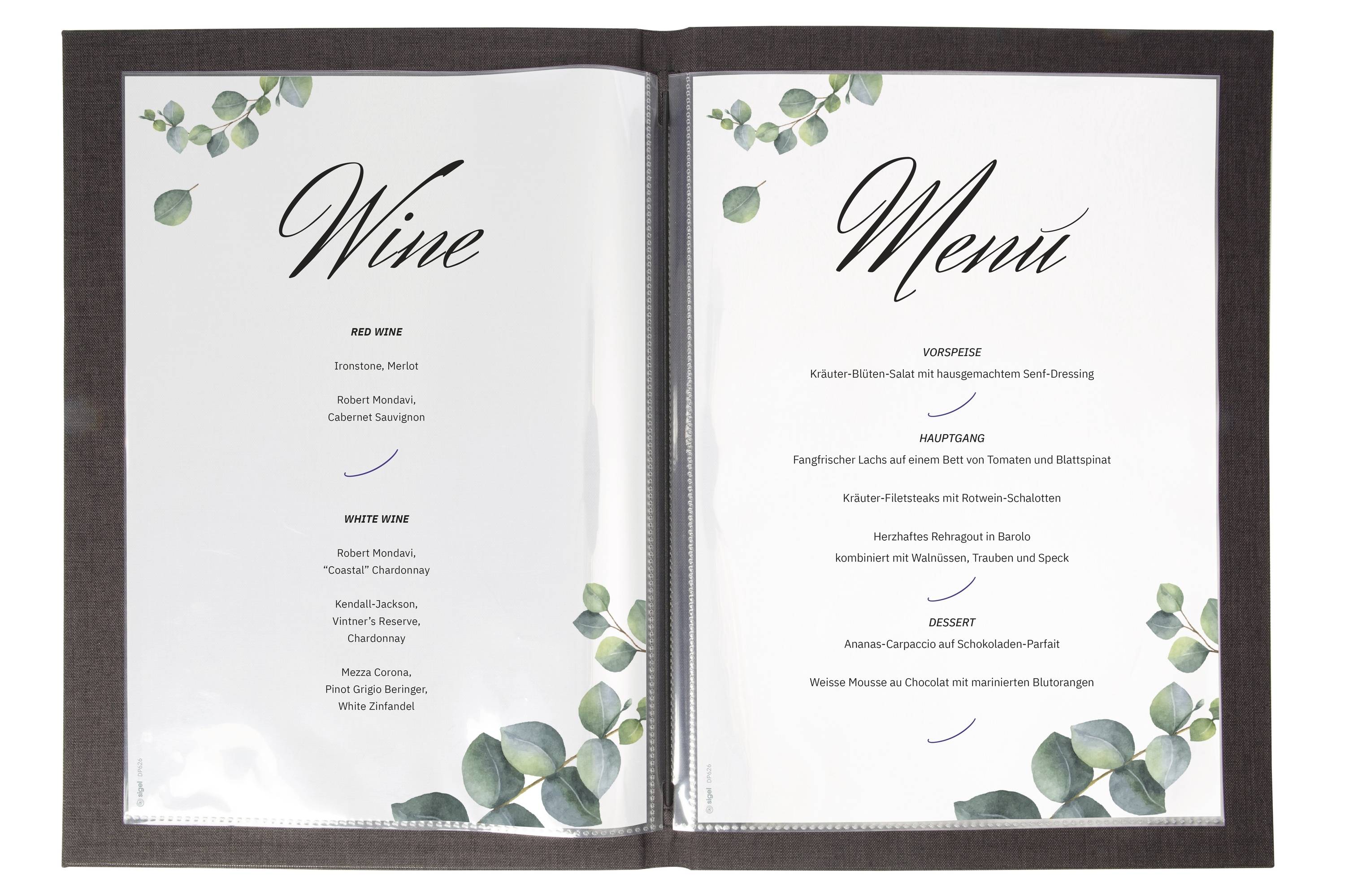 Sigel SM220 Speisekarten-Mappe Bambus DIN A4 1 St. inkl. 2 Doppel-Transparenthüllen für 8 Seiten, Gummi-Bindung Dunkelgrau, Beige