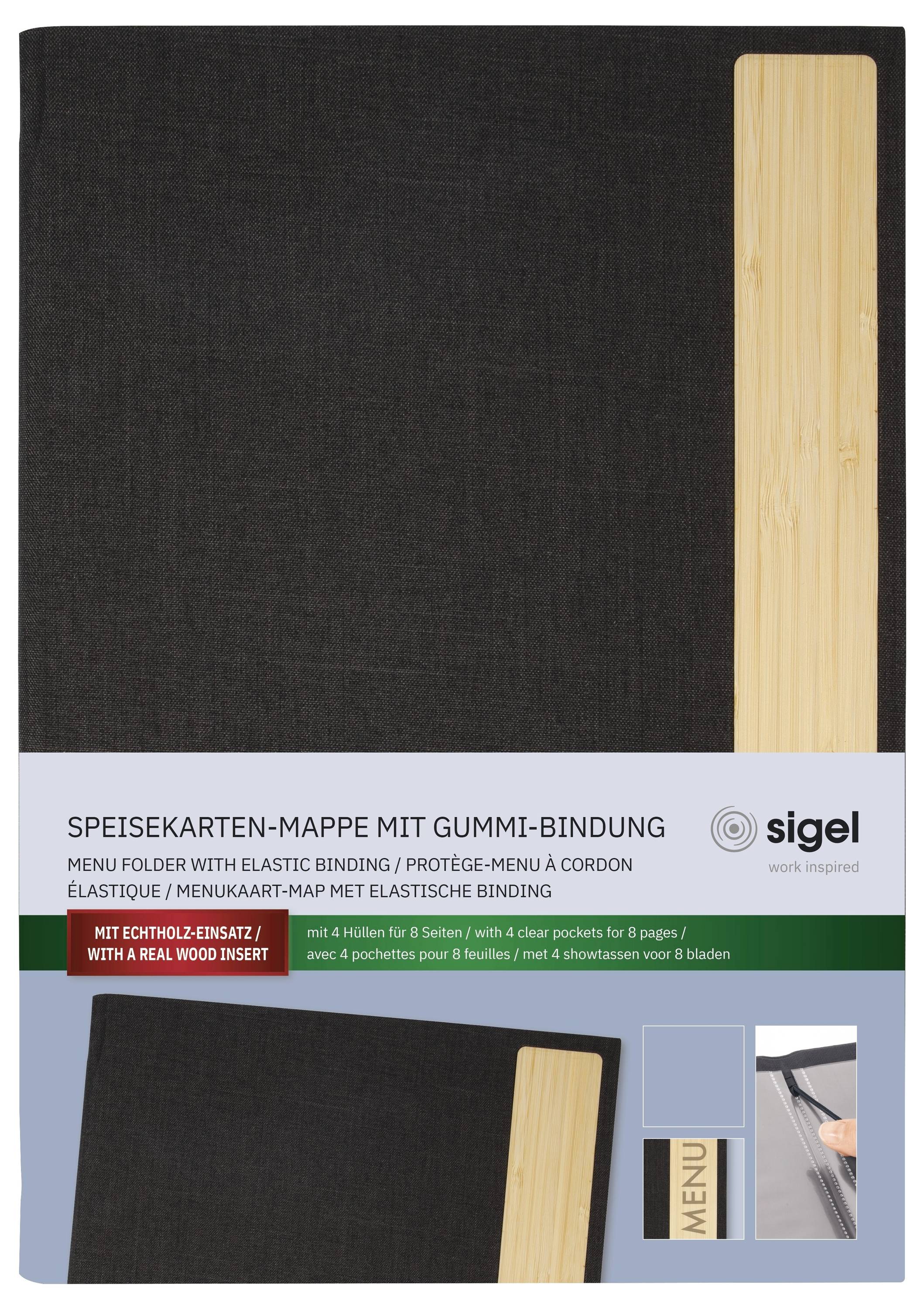 Menümappe mit elastischer Bindung und einem echten Holzeinsatz, dargestellt mit einem Umschlag und einer Detailaufnahme der Holzstruktur.