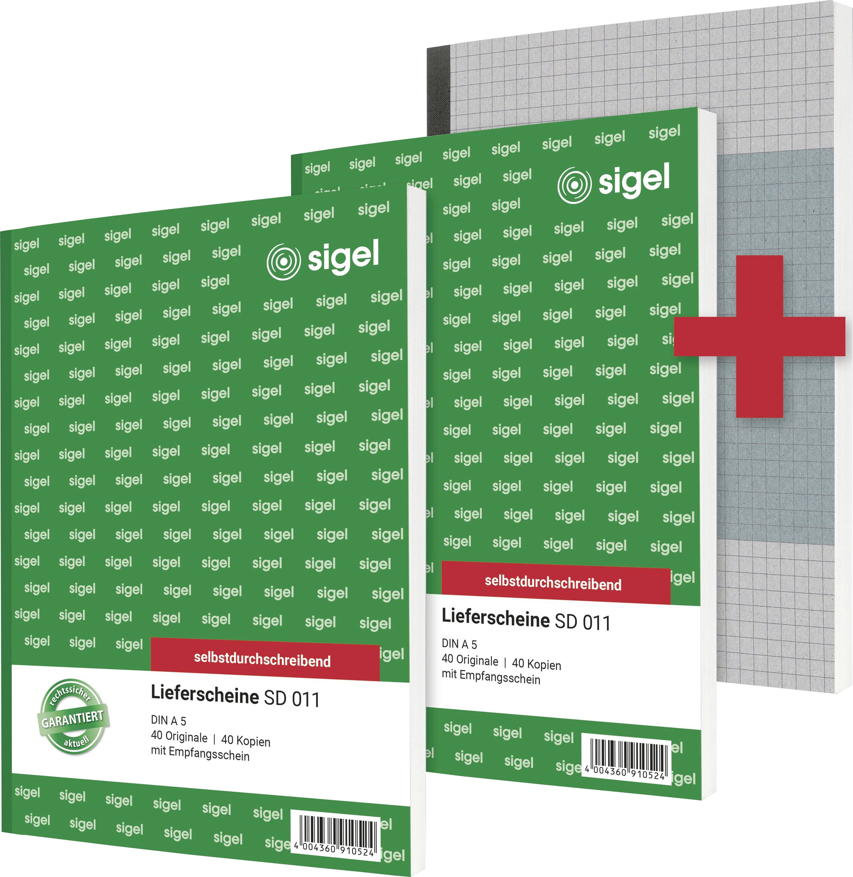 Zwei Packungen Sigel Lieferscheine SD 011, jeweils mit 40 Originalen und 40 Kopien, präsentiert vor einem karierten Hintergrund.