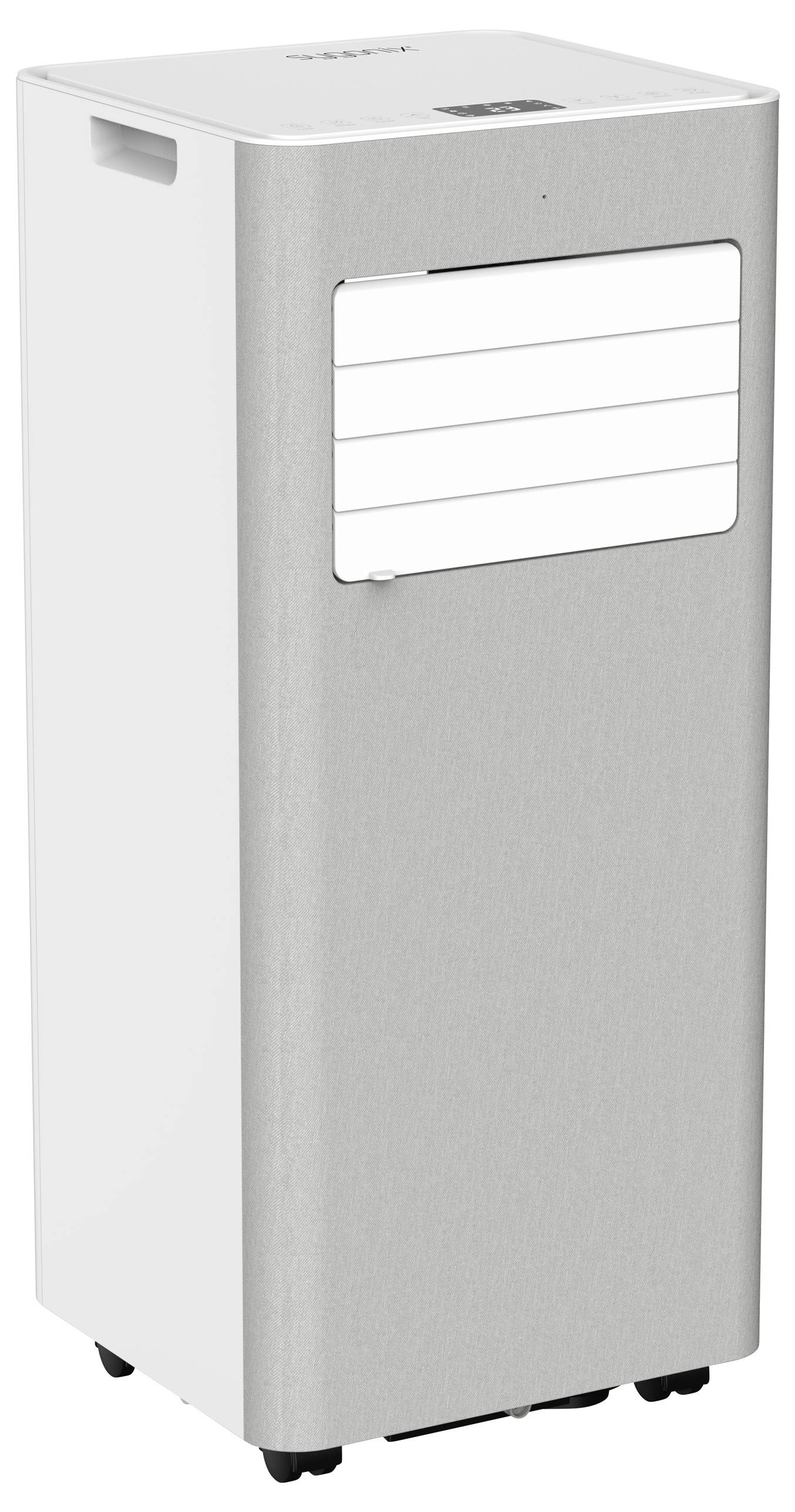 Ein hoher, rechteckiger mobiler Klimagerät mit elegantem Silber-Finish, belüfteter Frontblende und digitaler Steuerung auf der Oberseite.