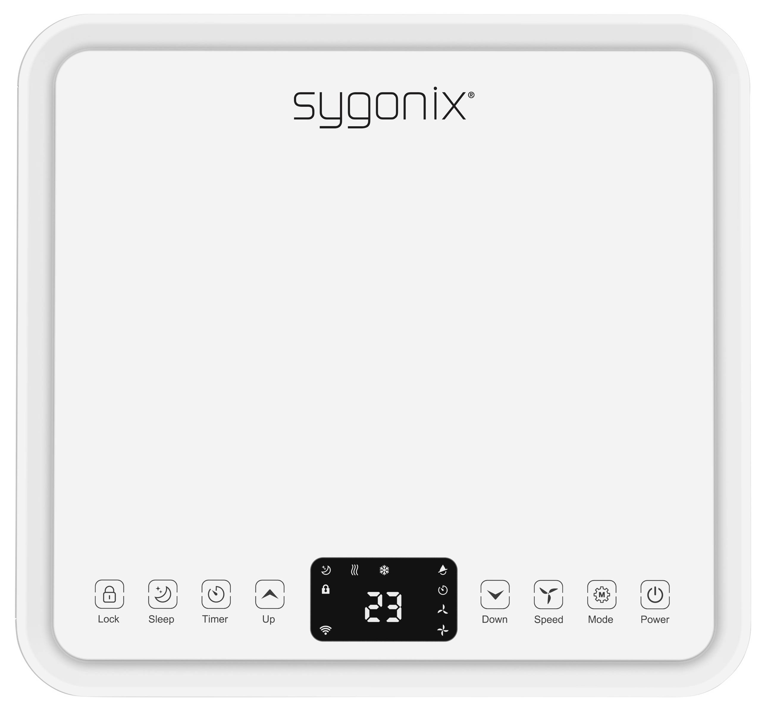 Sygonix-Bedienfeld mit digitaler Anzeige, die '23' zeigt. Enthält Tasten für Verriegelung, Schlaf, Timer, Hoch, Runter, Geschwindigkeit, Modus, Ein/Aus.