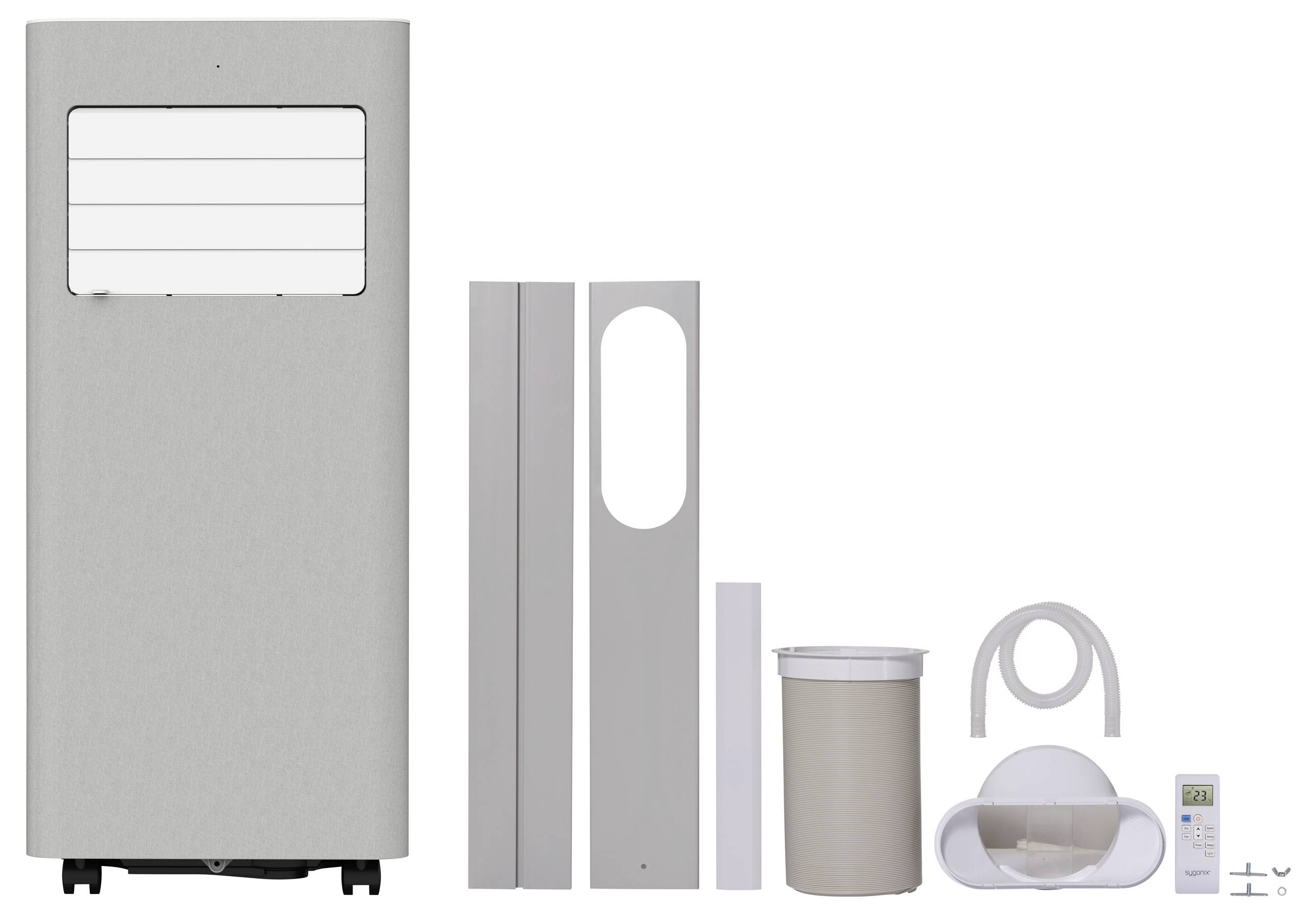 Tragbare Klimaanlage mit Belüftungsset, Abluftschlauch, Fensteradaptern und Fernbedienung, die vor dem Gerät ausgelegt sind.