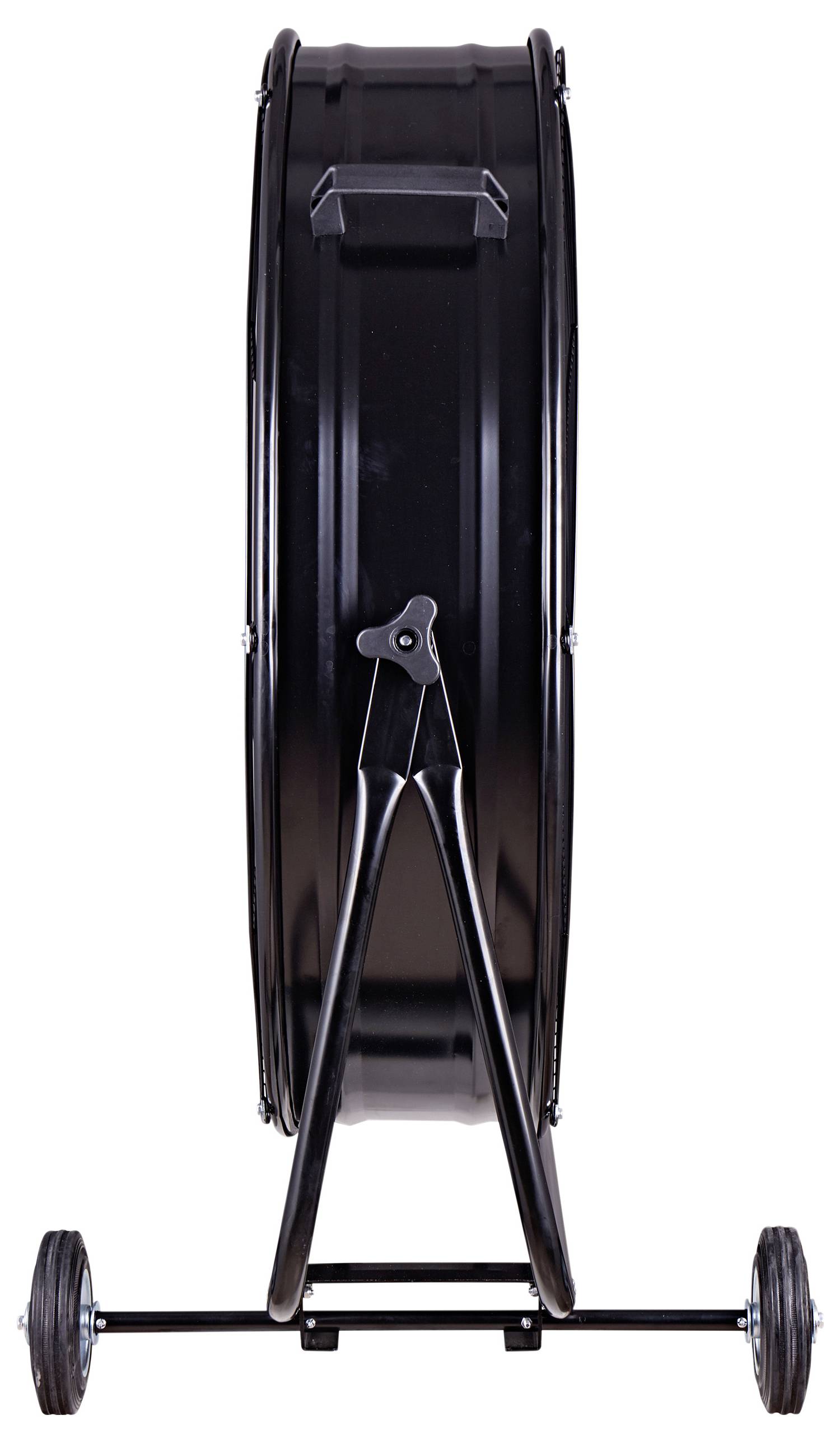 Ein großer schwarzer industrieller Metallfass, von der Seite gesehen, der von einem stabilen Rahmenwerk mit Rädern für einfache Mobilität gestützt wird.