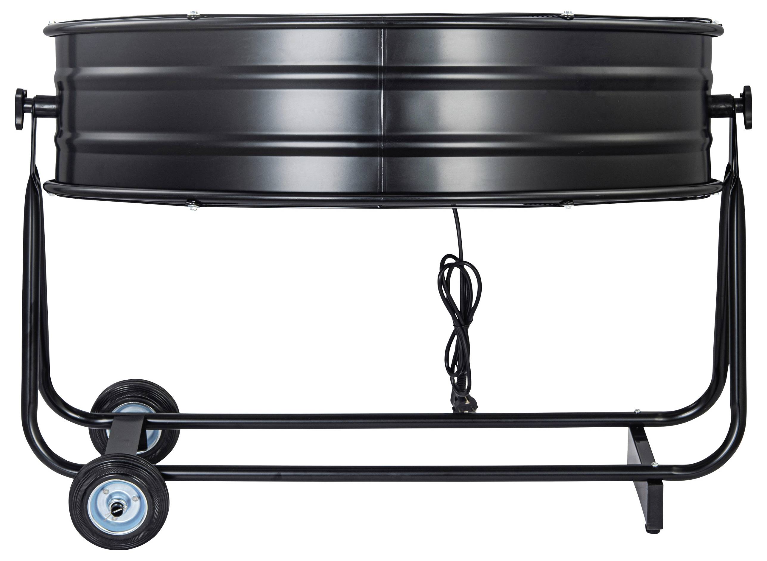 Ein schwarzer Rotisserie-Grill mit einem zylindrischen Körper, der auf einem Fahrgestell montiert ist und an dem ein elektrisches Netzkabel herunterhängt.