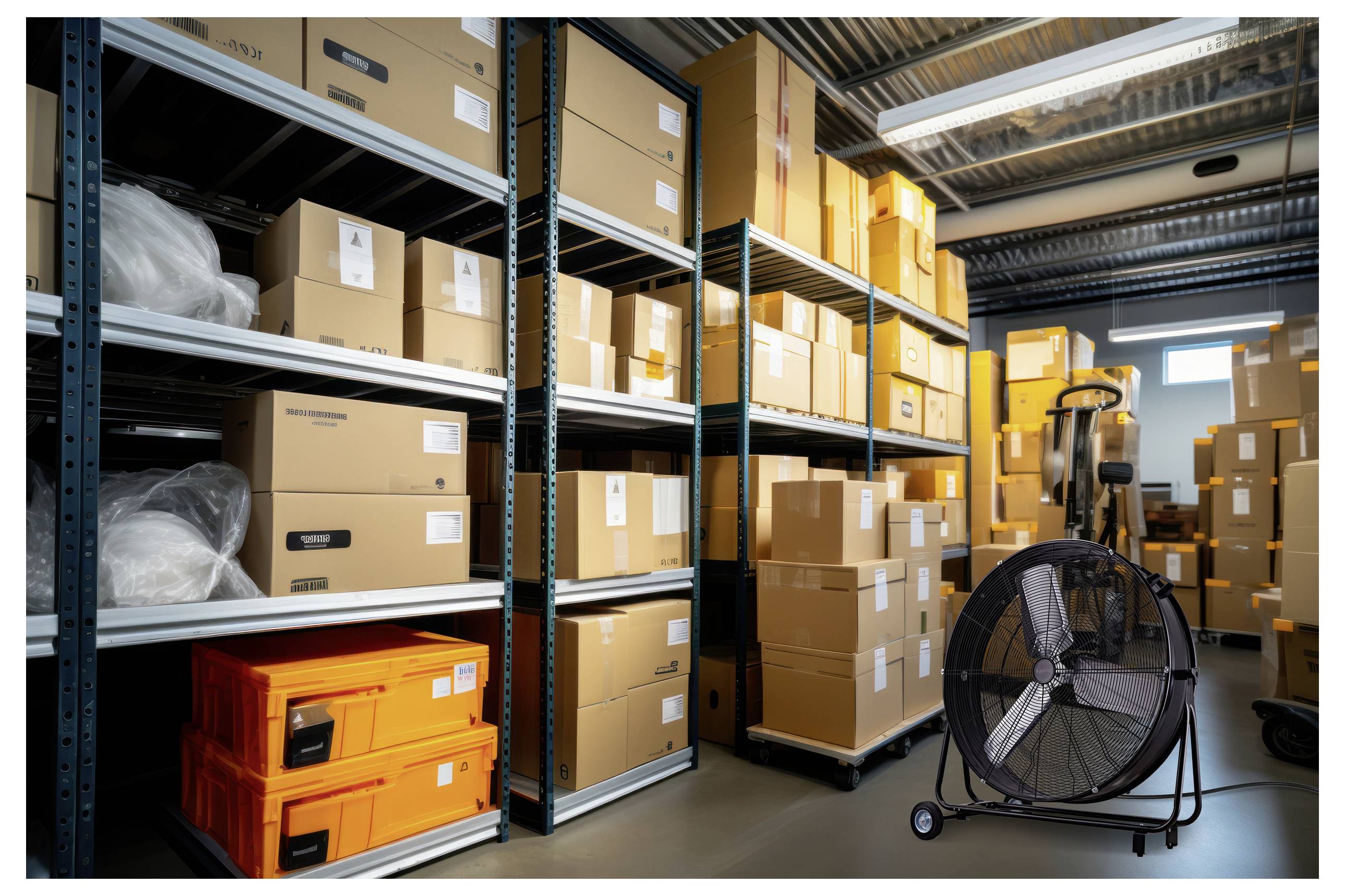 Ein Lagerhalleninneres mit Regalen, bestückt mit beschrifteten Pappkartons, einschließlich orangefarbener Behälter. Ein großer Industrieventilator befindet sich im Vordergrund.