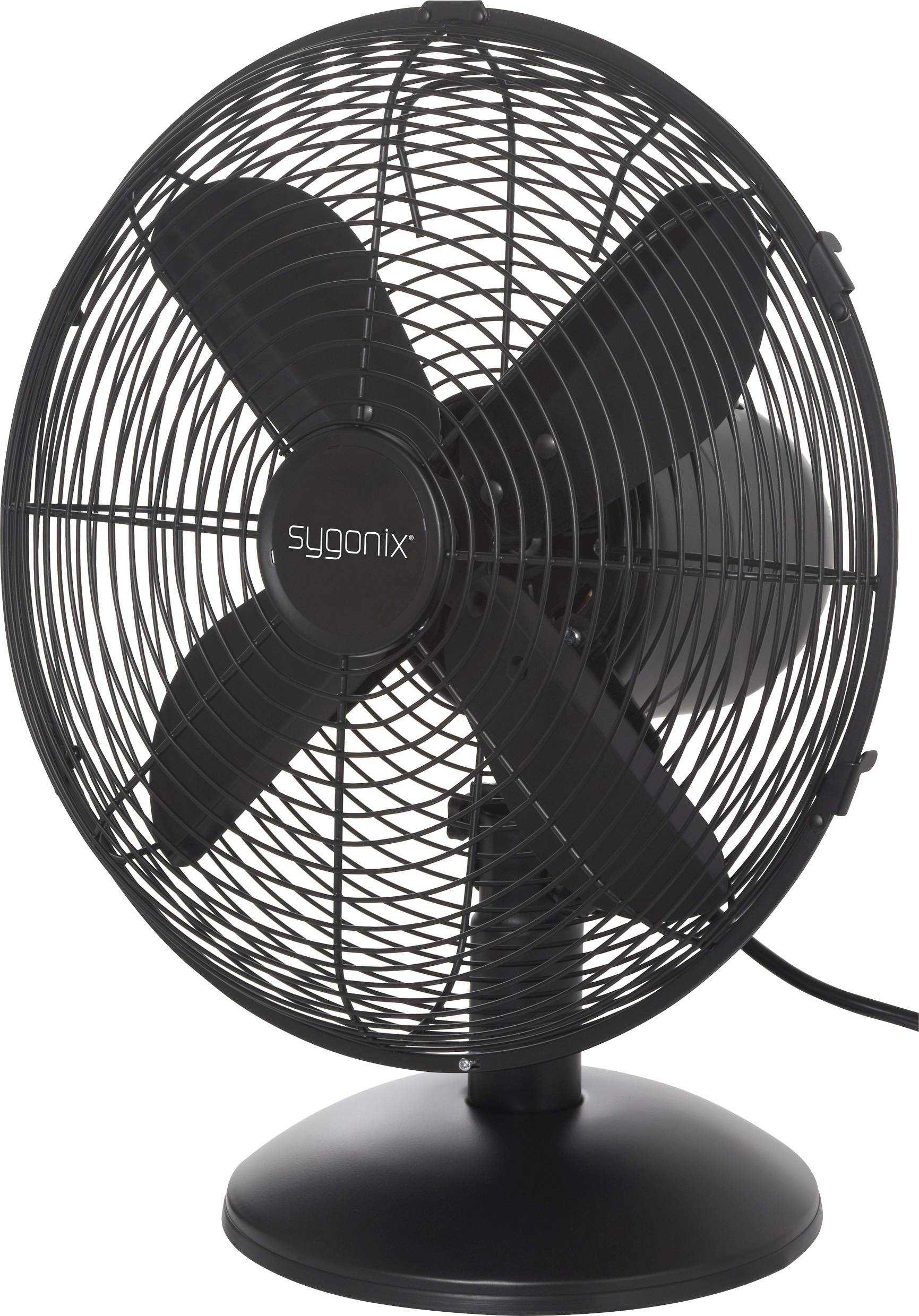 Ein schwarzer oszillierender Schreibtischventilator mit vier Flügeln und einem schützenden Drahtgitter ist auf einer ebenen Oberfläche platziert.