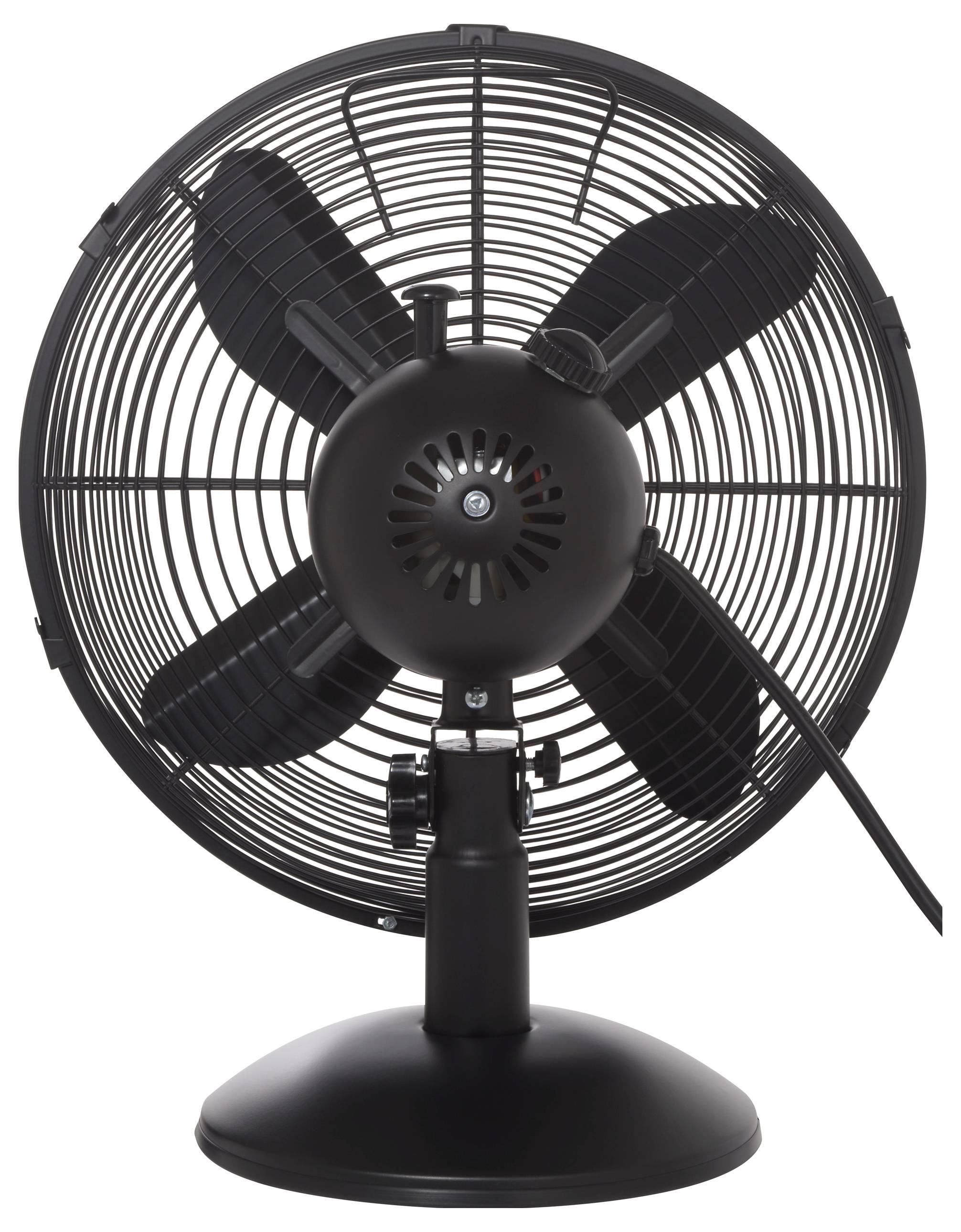 Ein schwarzer elektrischer Schreibtischventilator mit einem Metallgitter und vier Flügeln, von vorne betrachtet.