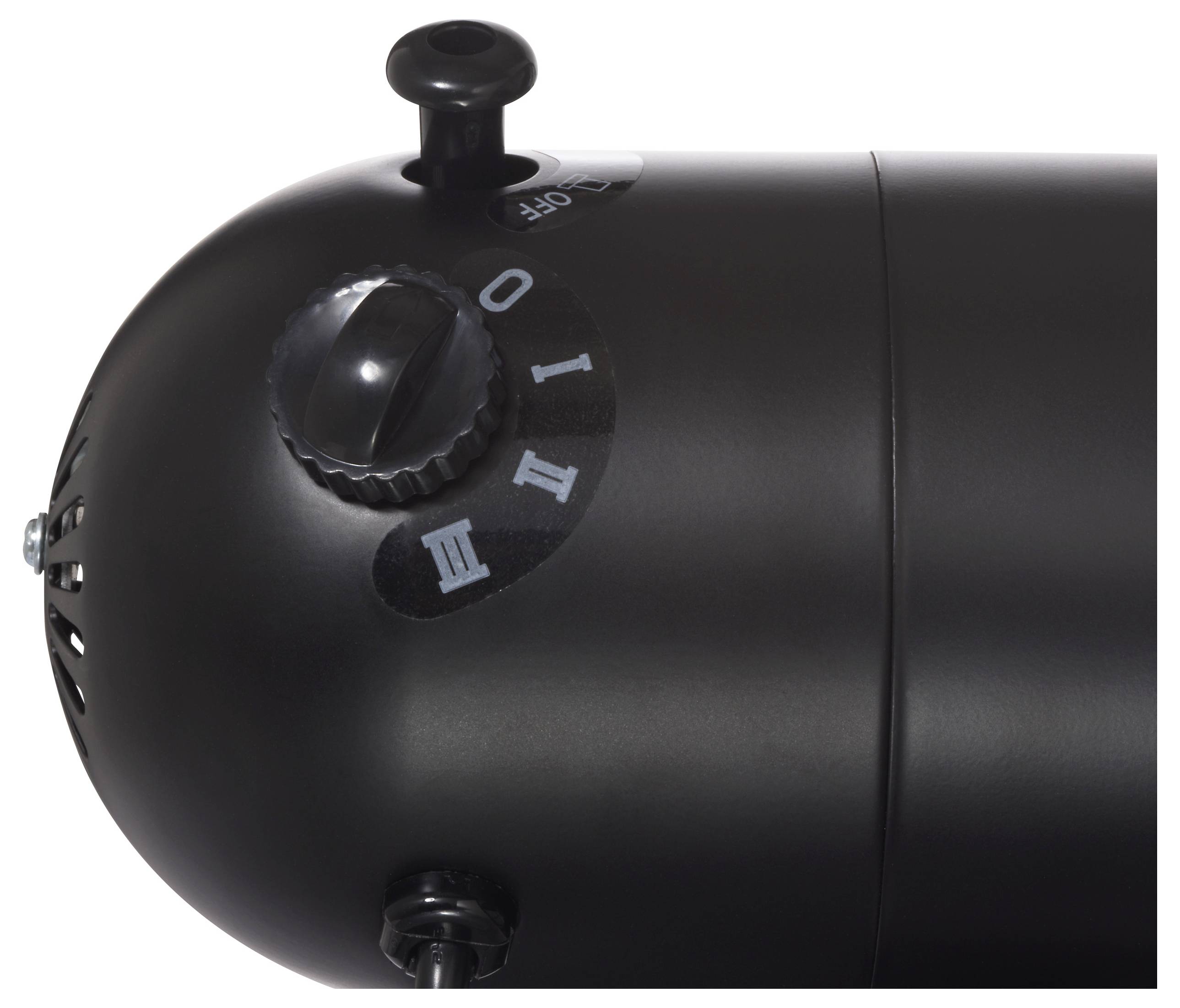 Eine Nahaufnahme eines schwarzen zylindrischen Objekts mit einem Schalter, der mit 