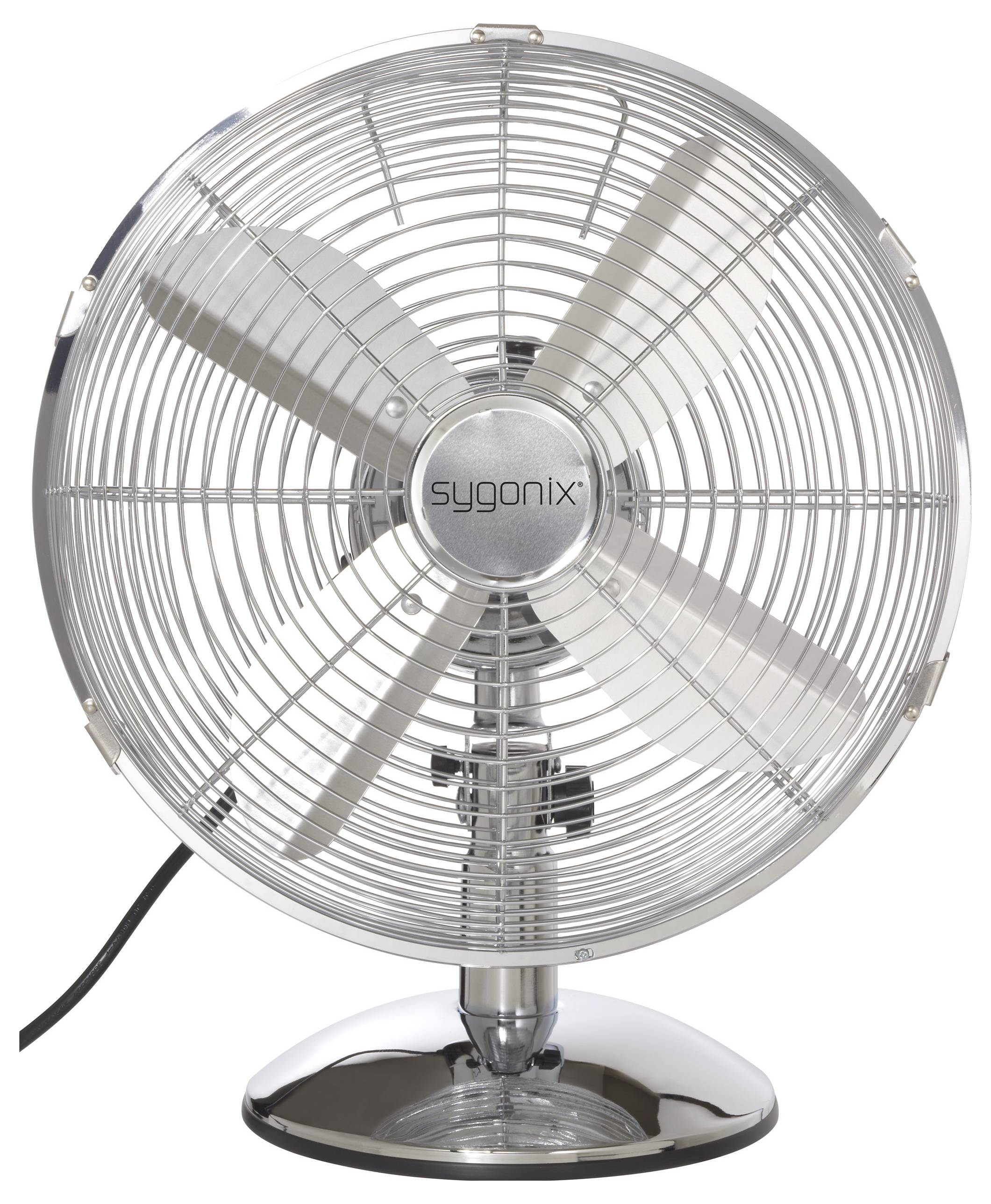Ein silberner oszillierender Schreibtischventilator mit einem kreisrunden Metallgitter, drei sichtbaren Flügeln und dem 'sygonix' Logo in der vorderen Mitte.