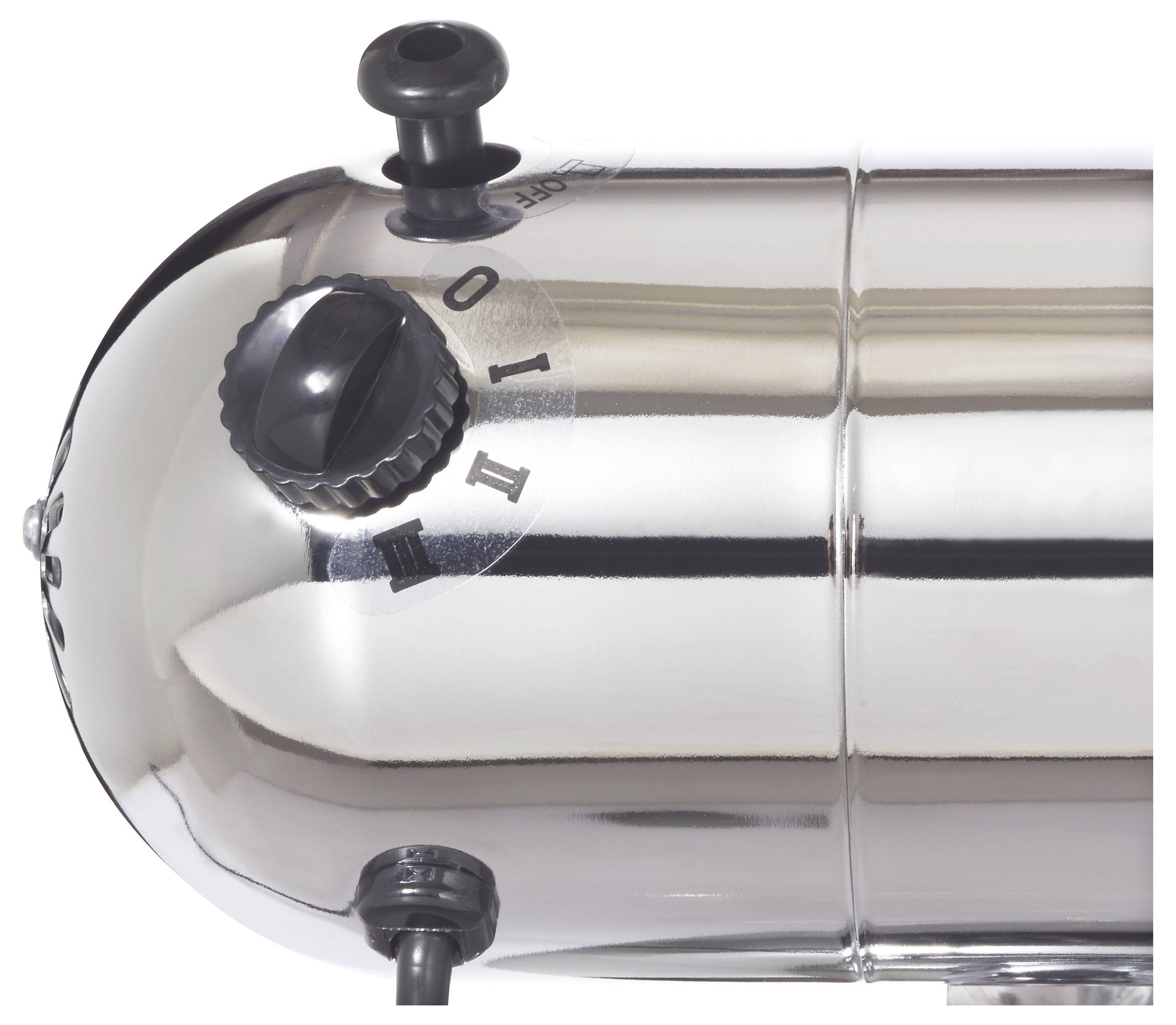 Edelstahl-Zylinder-Vorrichtung mit einem schwarzen Knopf und Skala mit drei Einstellungen, gekennzeichnet mit O, I und II.