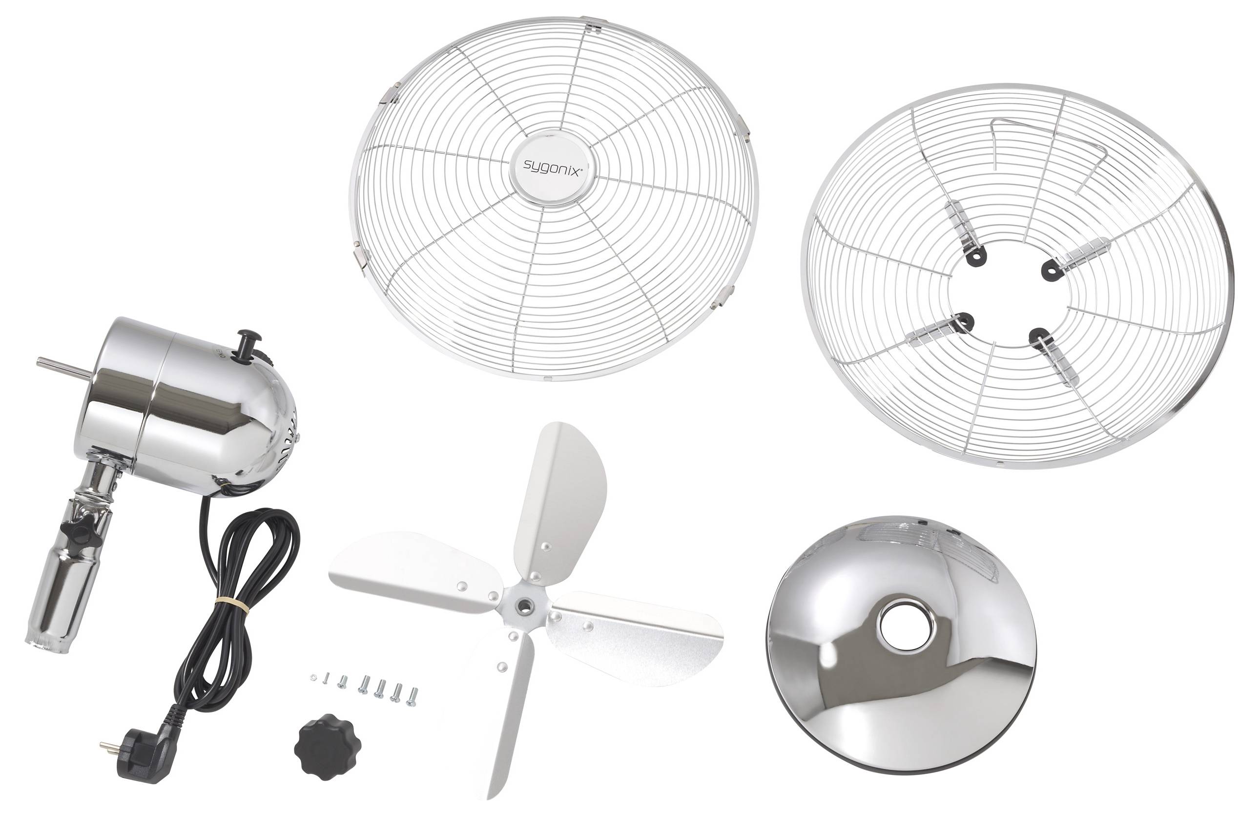 Zerlegte Ventilatorbauteile, darunter ein Motor, Drahtschutzgitter, ein Drei-Blatt-Propeller, Motorabdeckung, Netzkabel, Schrauben und eine Bedienungsknopf.