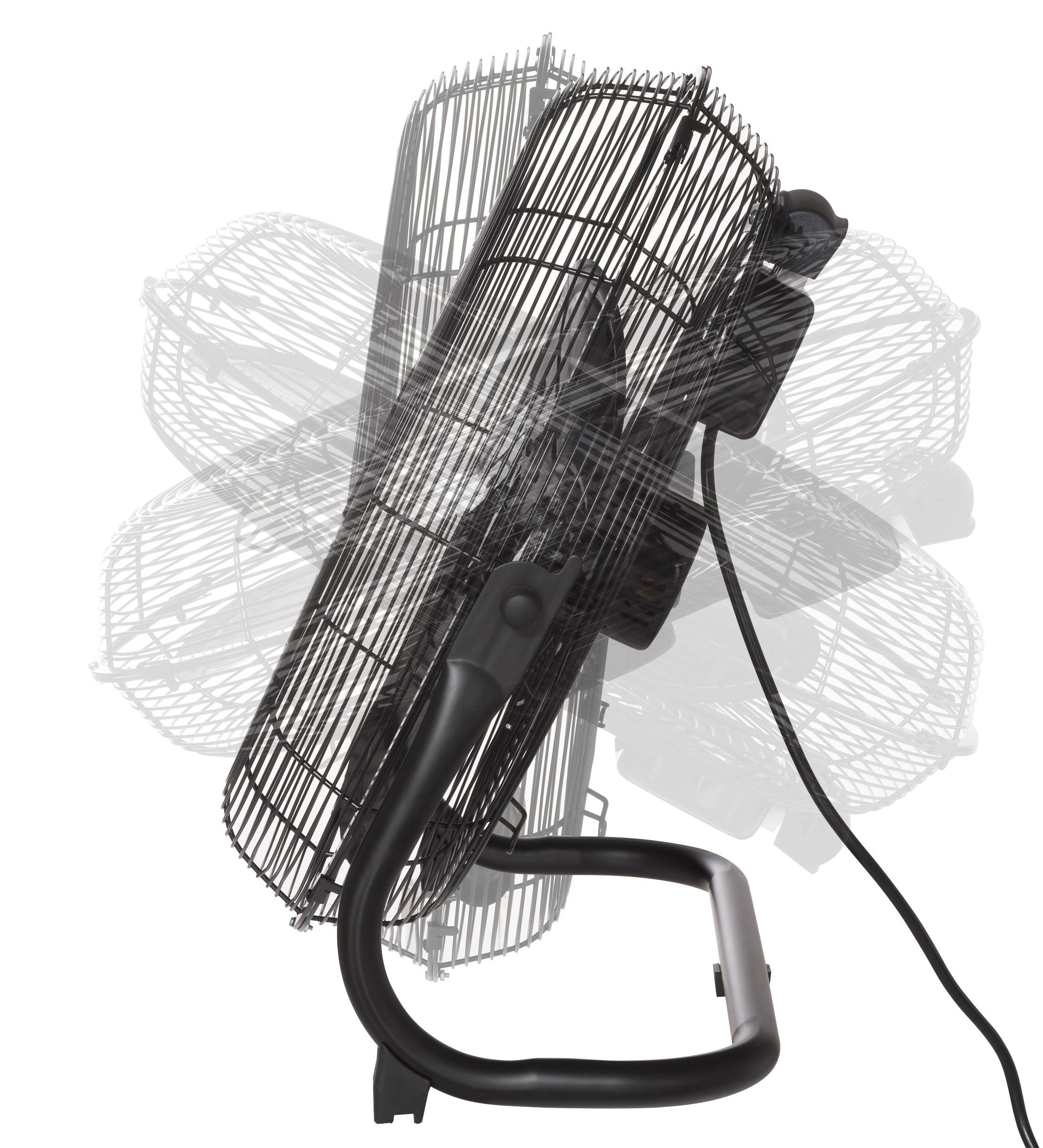 Seitlich abgebildeter oszillierender Tischventilator mit mehreren Schatten, die seine verstellbare Neigung und Kippmöglichkeit für eine verbesserte Luftzirkulation demonstrieren.