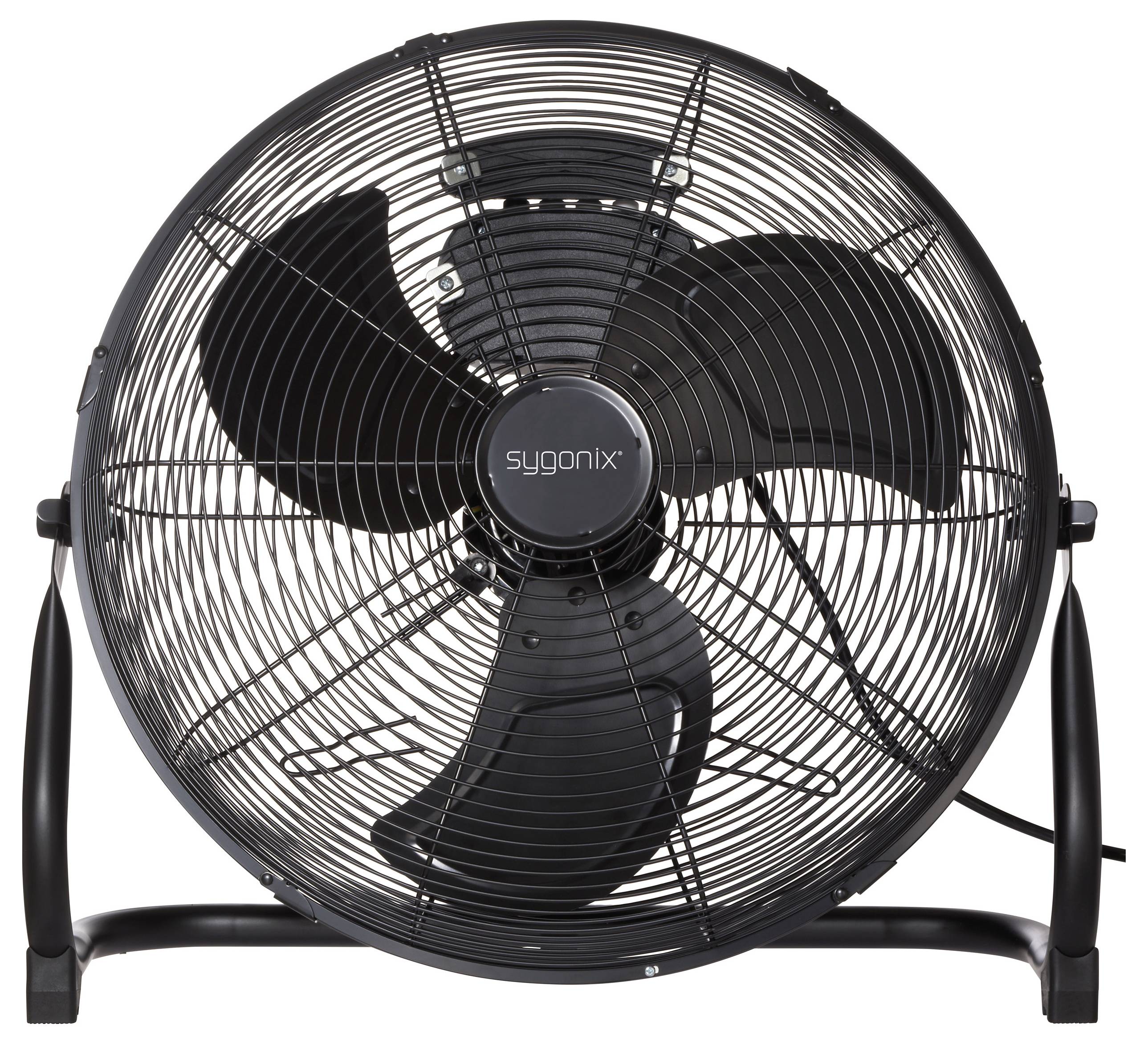 Ein großer schwarzer oszillierender Standventilator mit einem Metallgitter und drei Flügeln, mit der Marke 'sygonix', der auf einer geschwungenen Basis steht.