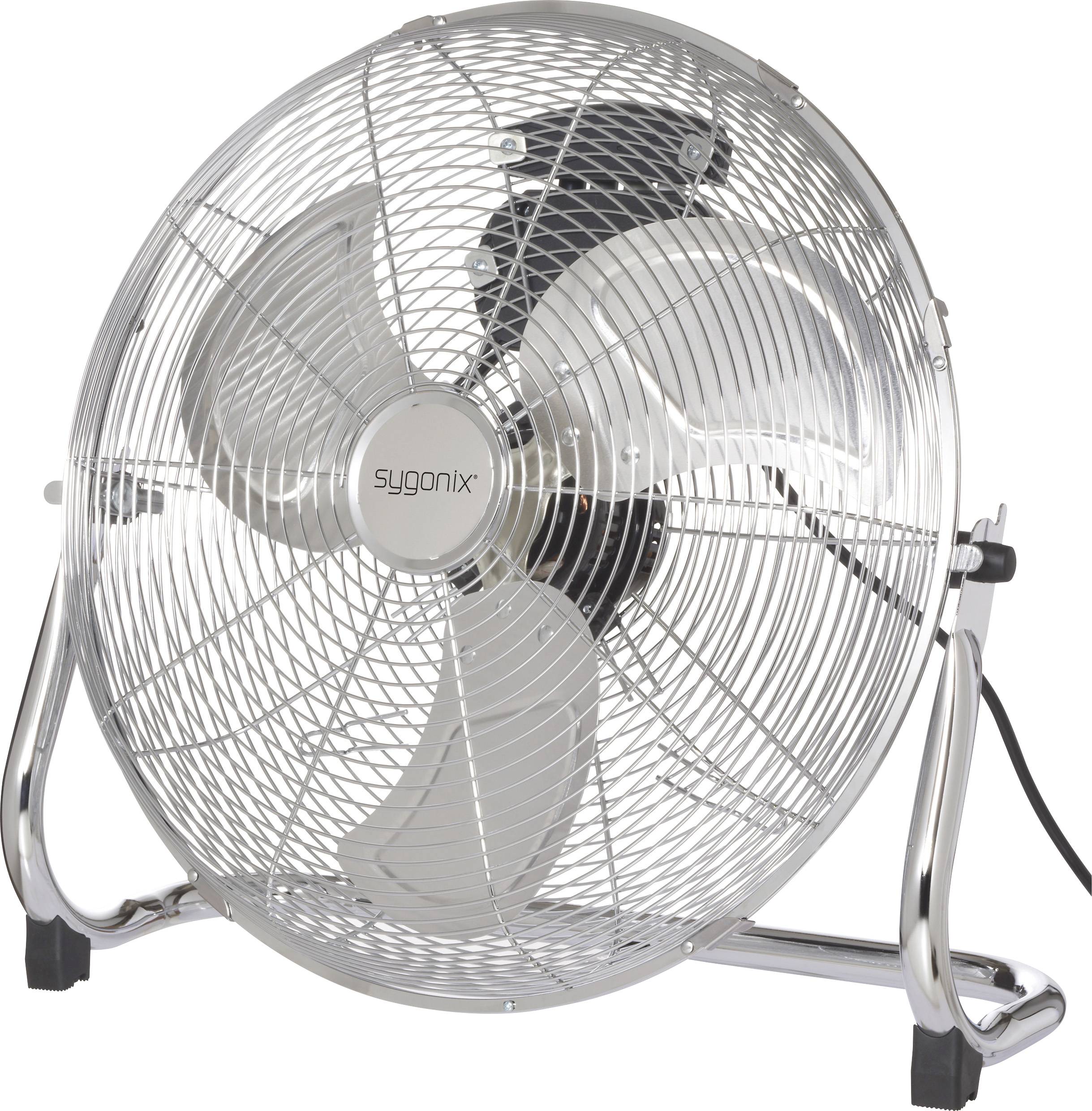 Ein Metall-Standventilator mit drei Flügeln und einem Schutzgitter, der Marke 'sygonix', ist eingesteckt und einsatzbereit.