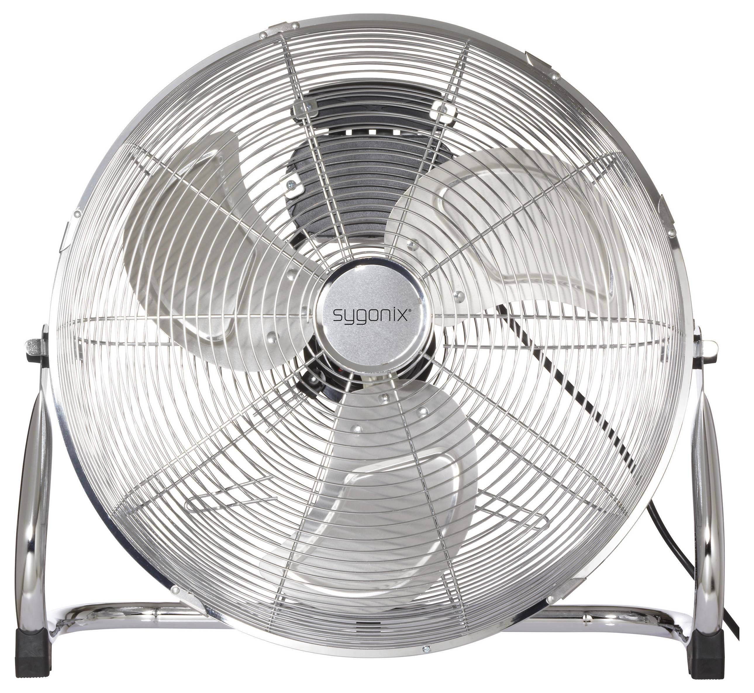 Ein silberner Metallfächerlüfter mit drei Flügeln und einem Schutzgitter, mit der Marke 'sygonix', vor einem weißen Hintergrund positioniert.