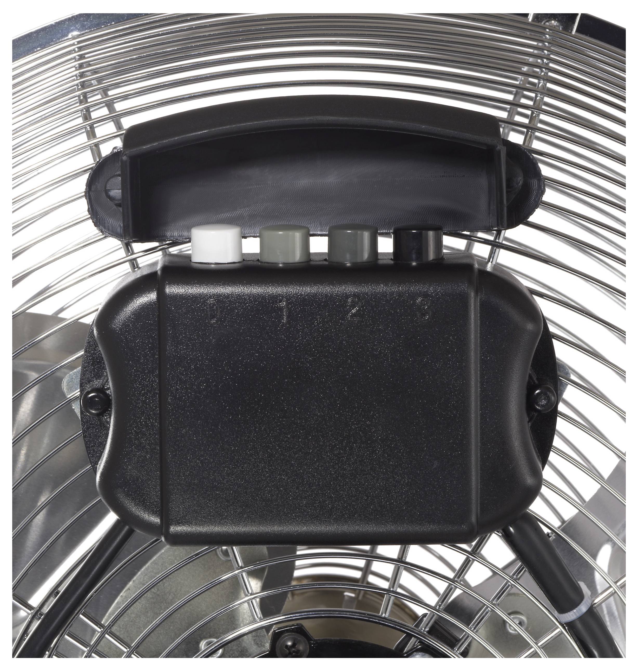 Nahaufnahme eines Schalttafel eines elektrischen Ventilators, die vier Tasten mit Zahlen zeigt, montiert auf Metallgittern.