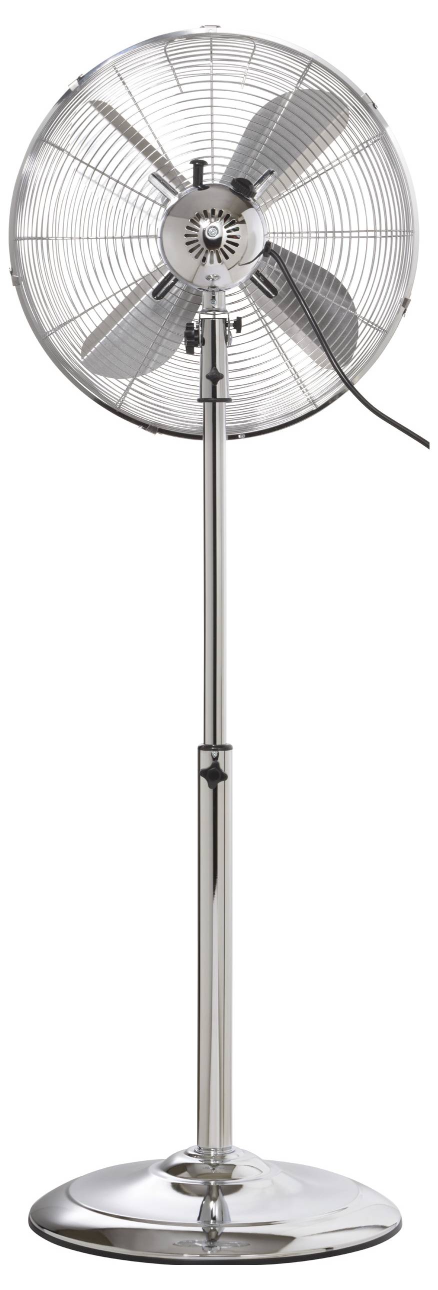 Ein hoher, verchromter Standventilator mit drei Flügeln und einer runden Basis, entwickelt zur Kühlung von Innenräumen.
