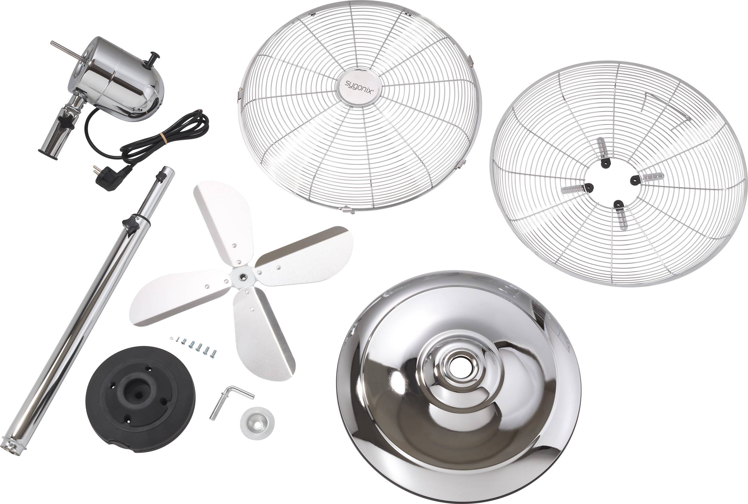 Deckenventilator-Montage-Set mit Motor, zwei Lüfterabdeckungen, Lüfterflügeln, Montagestange, Basis und Schrauben, auf weißem Hintergrund angeordnet.