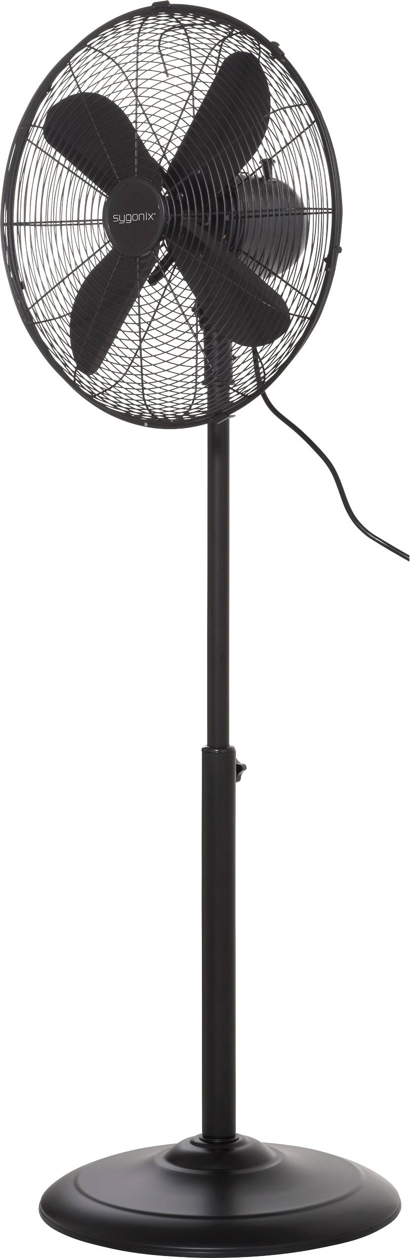 Ein schwarzer stehender Oszillationsventilator mit rundem Fuß, verstellbarer Höhe und Metallgitter um vier Rotorblätter.