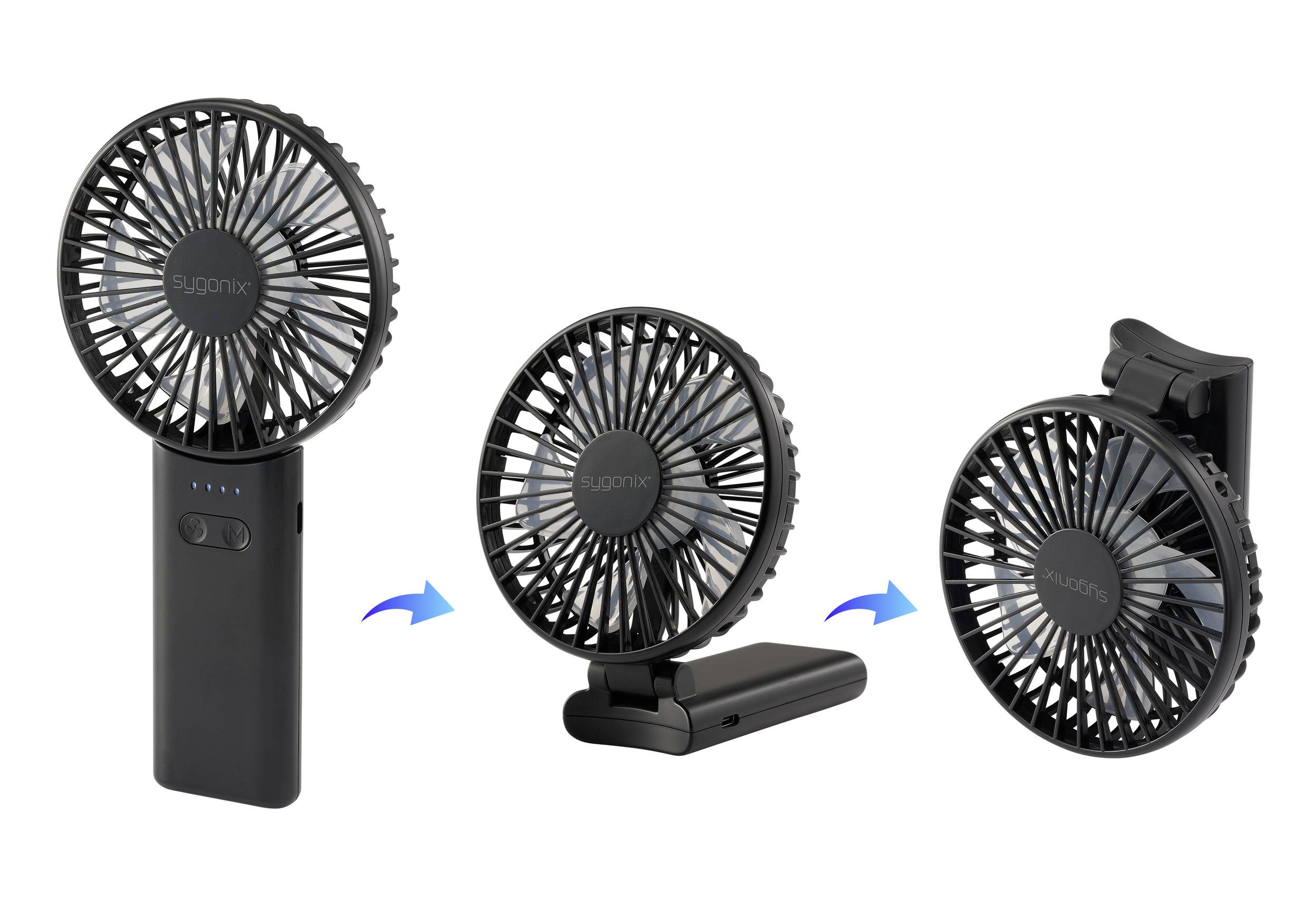 Drei tragbare Ventilatoren: ein Handventilator, ein faltbarer Schreibtischventilator und ein Klemmventilator, alle mit ähnlichen kreisförmigen Flügeln und schwarzem Design.