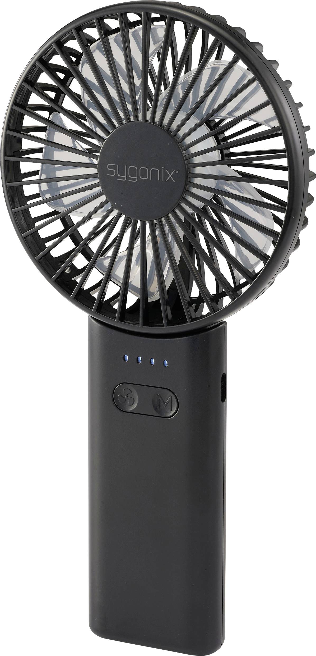 Ein schwarzer, batteriebetriebener Handventilator mit einem kreisförmigen Schutzgitter für die Klinge, ausgestattet mit zwei Steuerungstasten und einem Markenlogo in der Mitte.