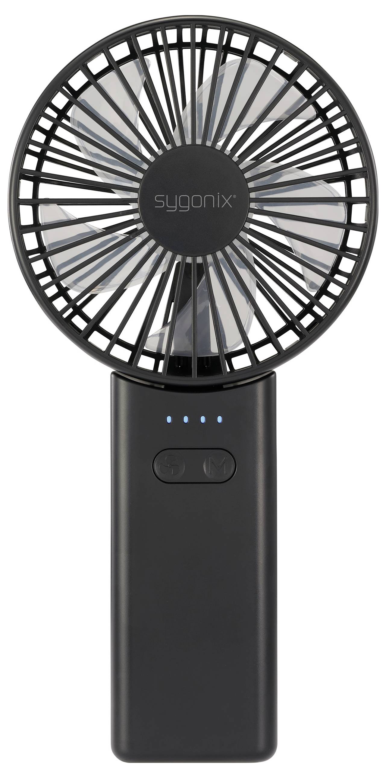 Ein schwarzer tragbarer Handventilator mit einem kreisförmigen Schutzgitter und der Aufschrift „sygonix