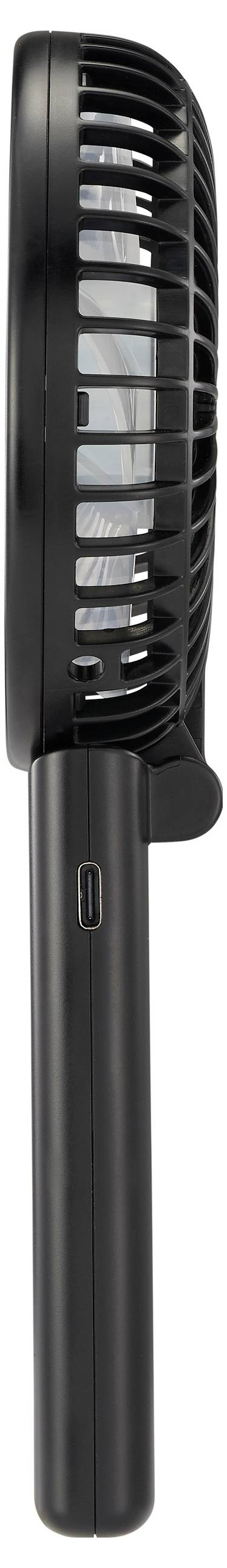 Ein schwarzer tragbarer Handventilator mit einem zylindrischen Griff und einem USB-Ladeanschluss.