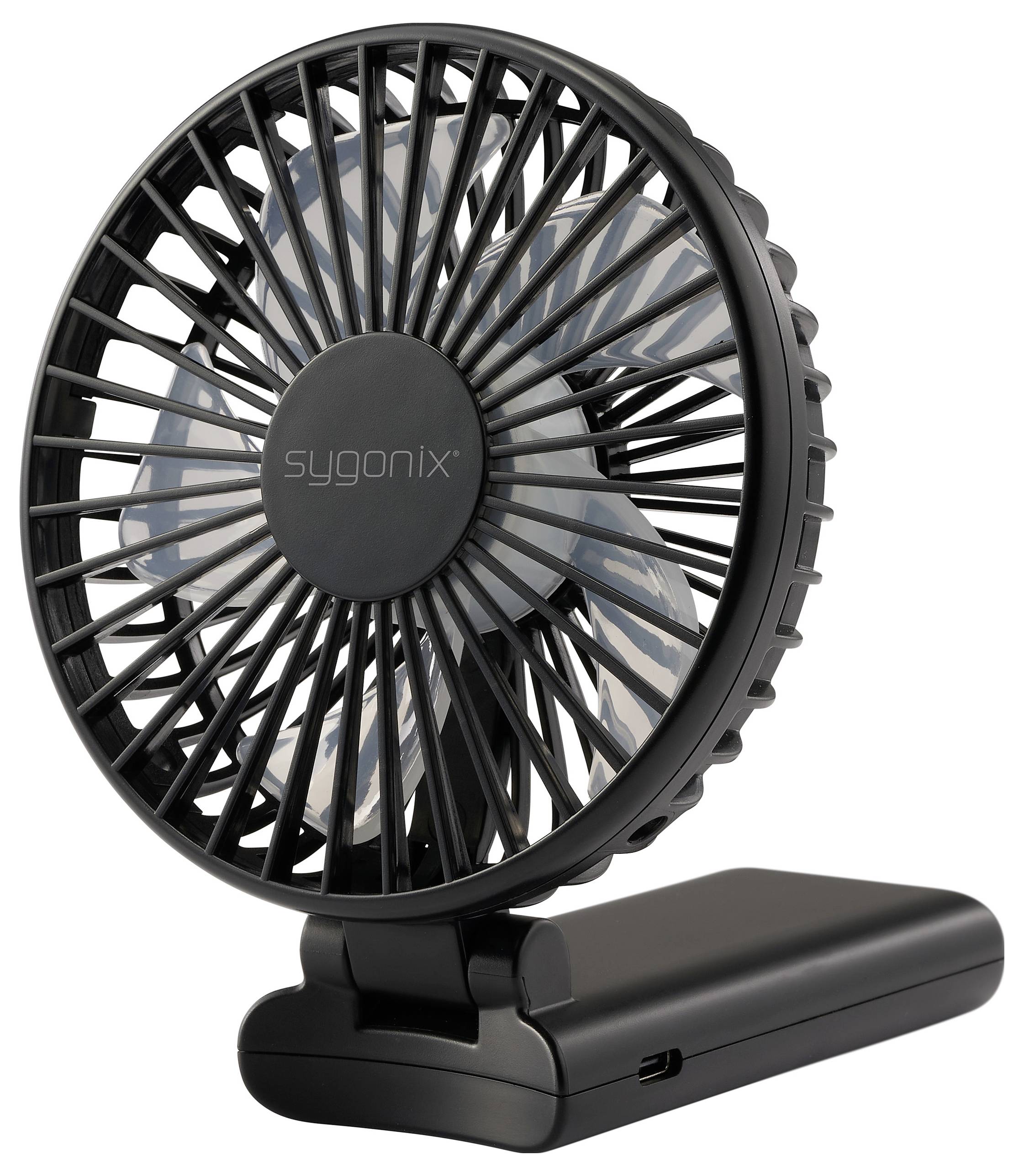 Ein tragbarer schwarzer Schreibtischventilator mit einem kreisförmigen Maschenschutz und sichtbaren Rotorblättern, ausgestattet mit einem USB-Ladeanschluss an der Basis.