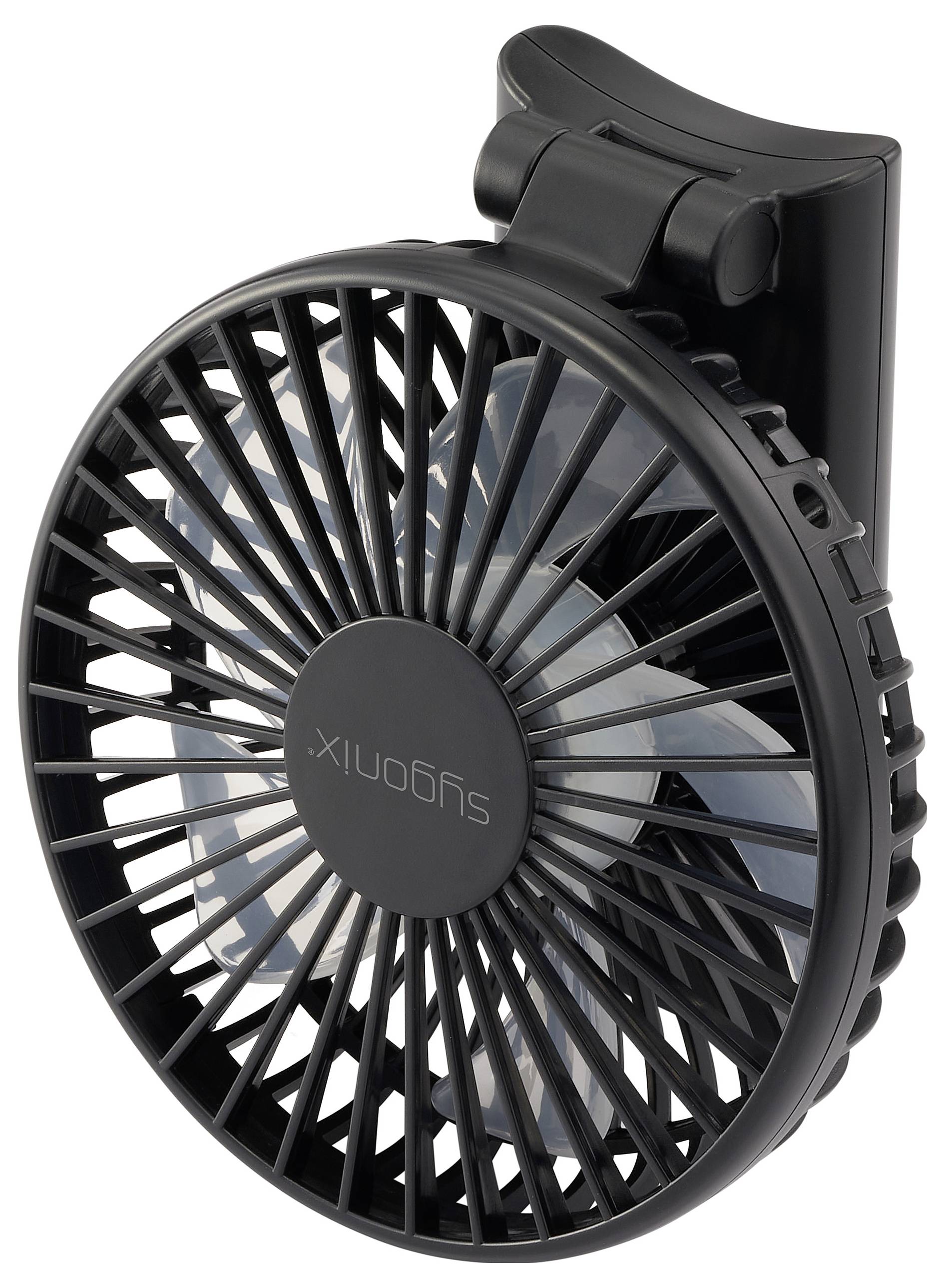 Ein tragbarer schwarzer Ventilator mit Klemmhalterung, entwickelt zum Anbringen an verschiedenen Oberflächen, ausgestattet mit einem runden Schutzgitter und sichtbaren Ventilatorflügeln.