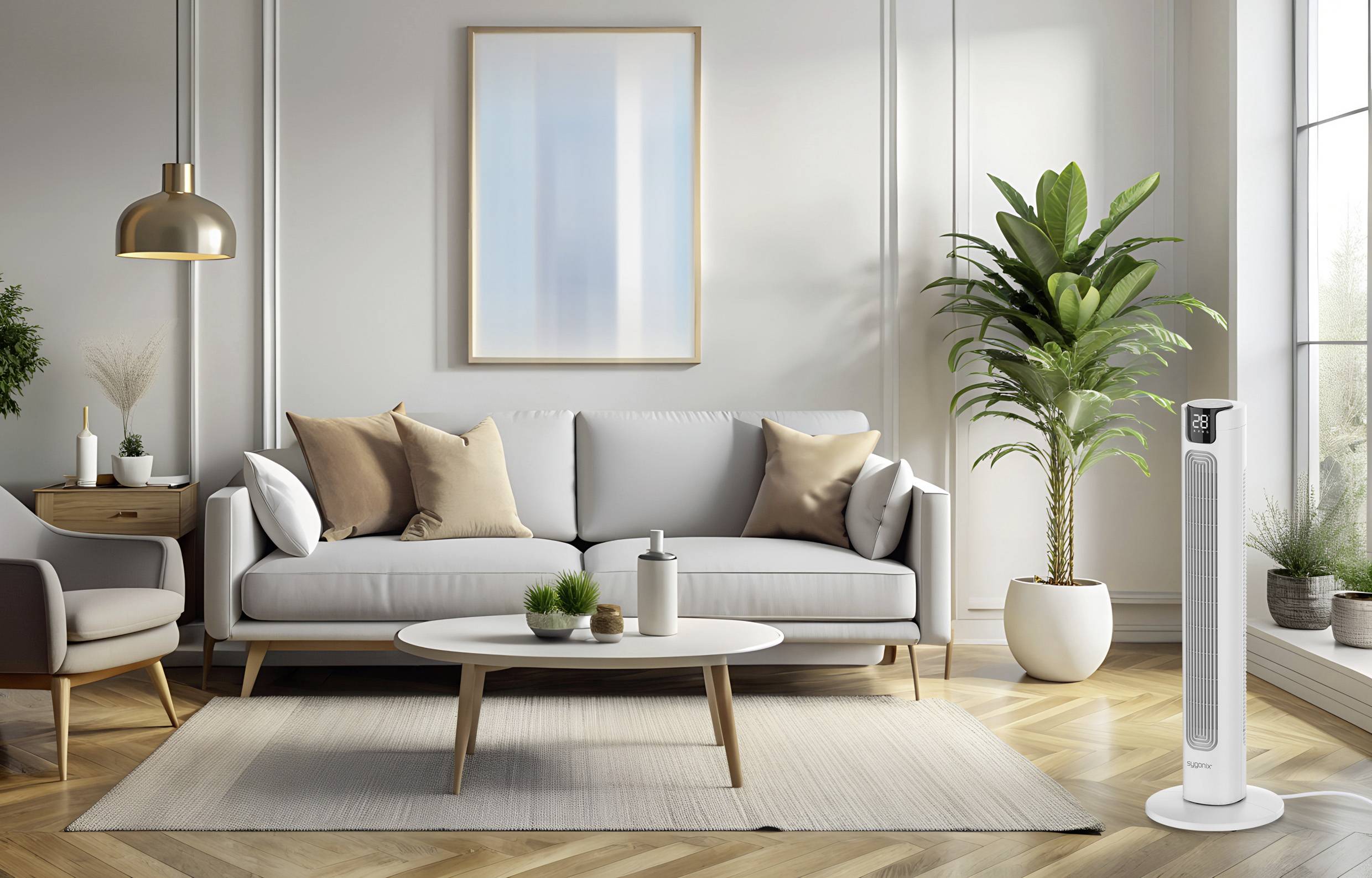 Ein modernes Wohnzimmer mit einem grauen Sofa, einem Couchtisch aus Holz und einem hohen weißen Luftreiniger. Große Zimmerpflanzen und sanftes Licht schaffen eine gemütliche Atmosphäre.