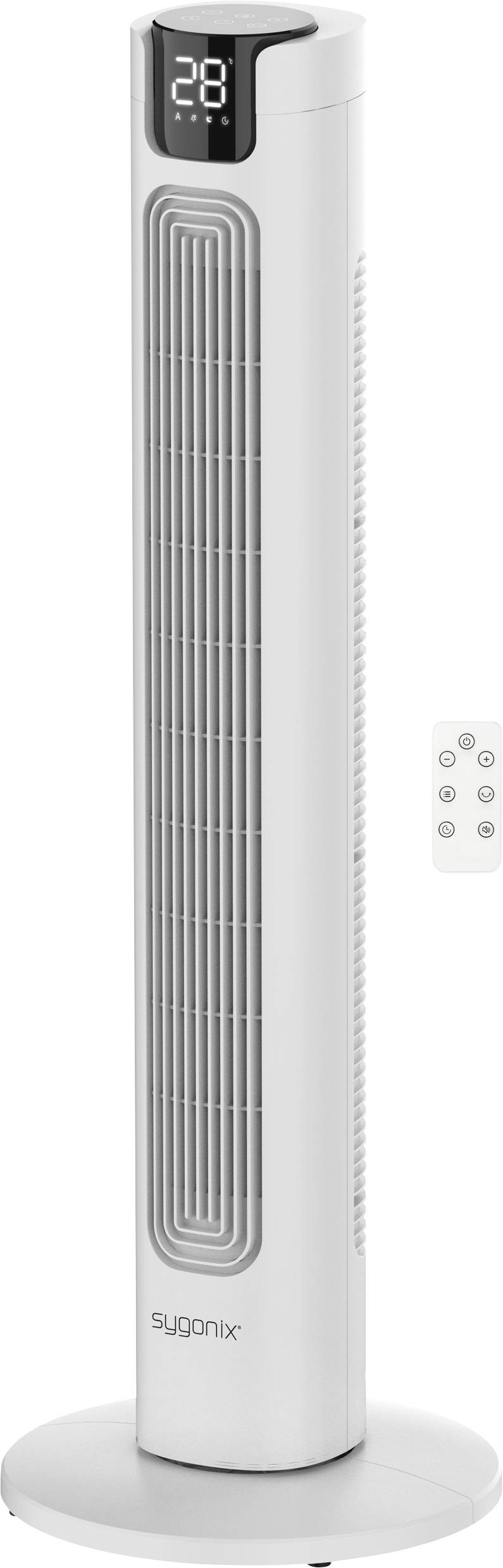 Ein hoher, weißer Turmventilator mit einer digitalen Anzeige, die '28' zeigt. Er hat ein schlankes Design und eine separate Fernbedienung in der Nähe.