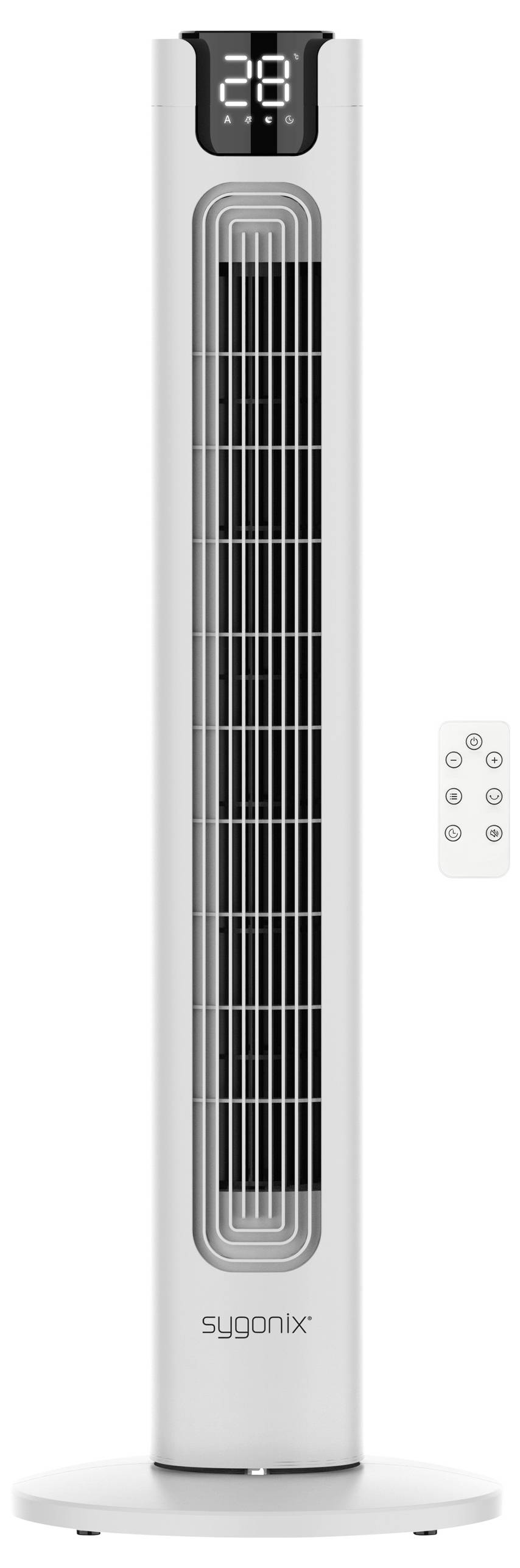 Ein schlanker Turmventilator mit digitalem Display, das '28' zeigt. Verfügt über ein Gitterdesign und wird mit einer Fernbedienung geliefert.