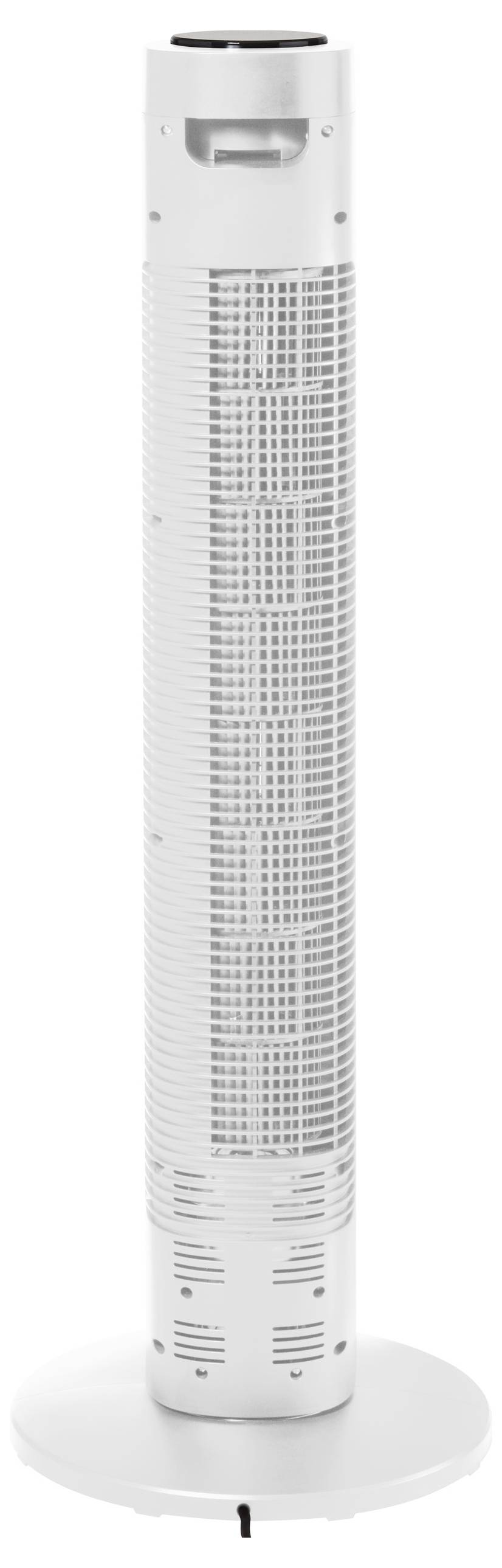 Ein hoher, zylindrischer weißer Turmventilator mit Lüftungsschlitzen entlang seiner Länge steht auf einer runden Basis.