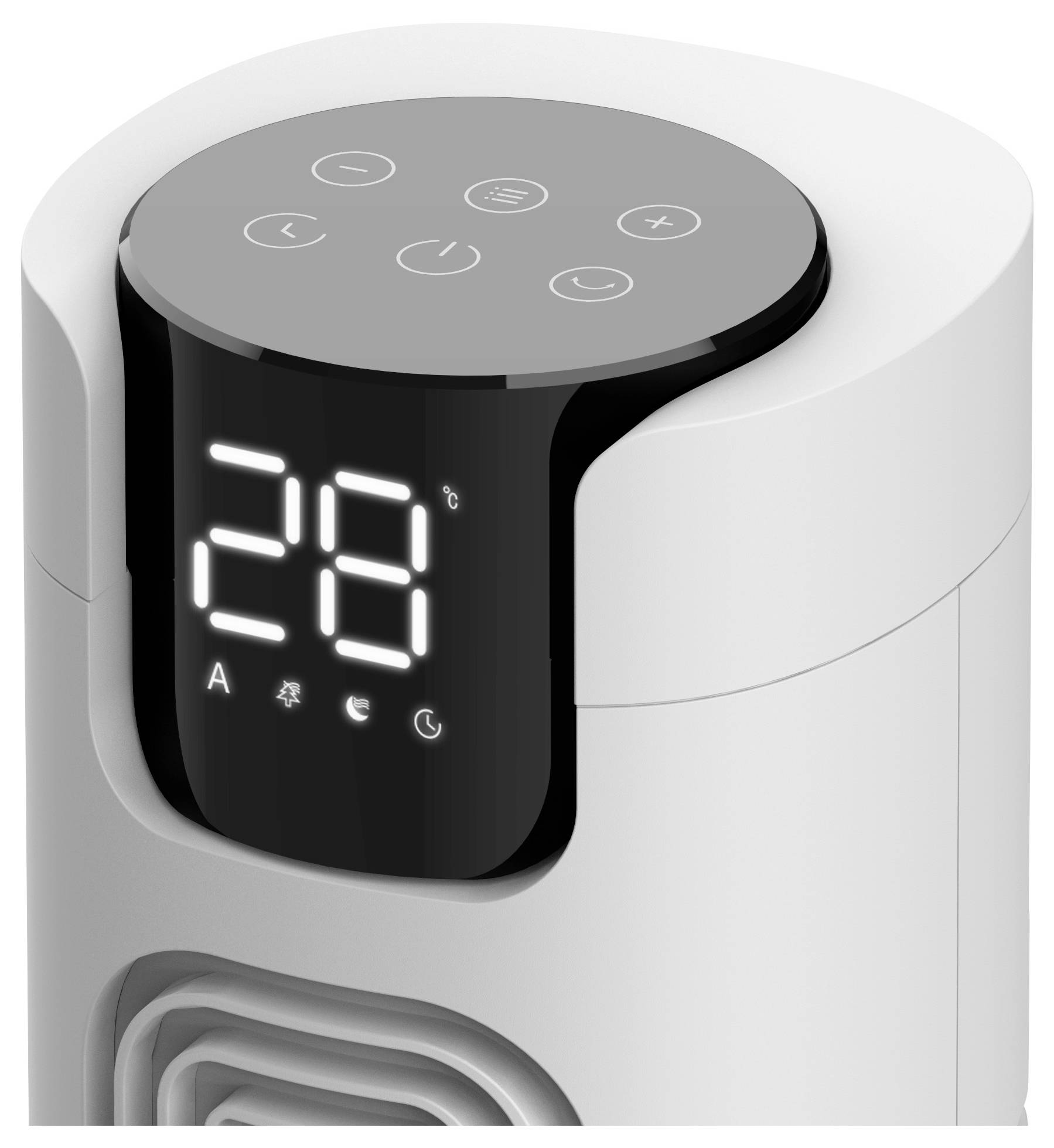 Ein digitales Thermostat, eingestellt auf 28°C, das Symbole für Temperatursteuerung, Stromversorgung und Lüftereinstellungen auf einem schlanken, modernen Gerät anzeigt.