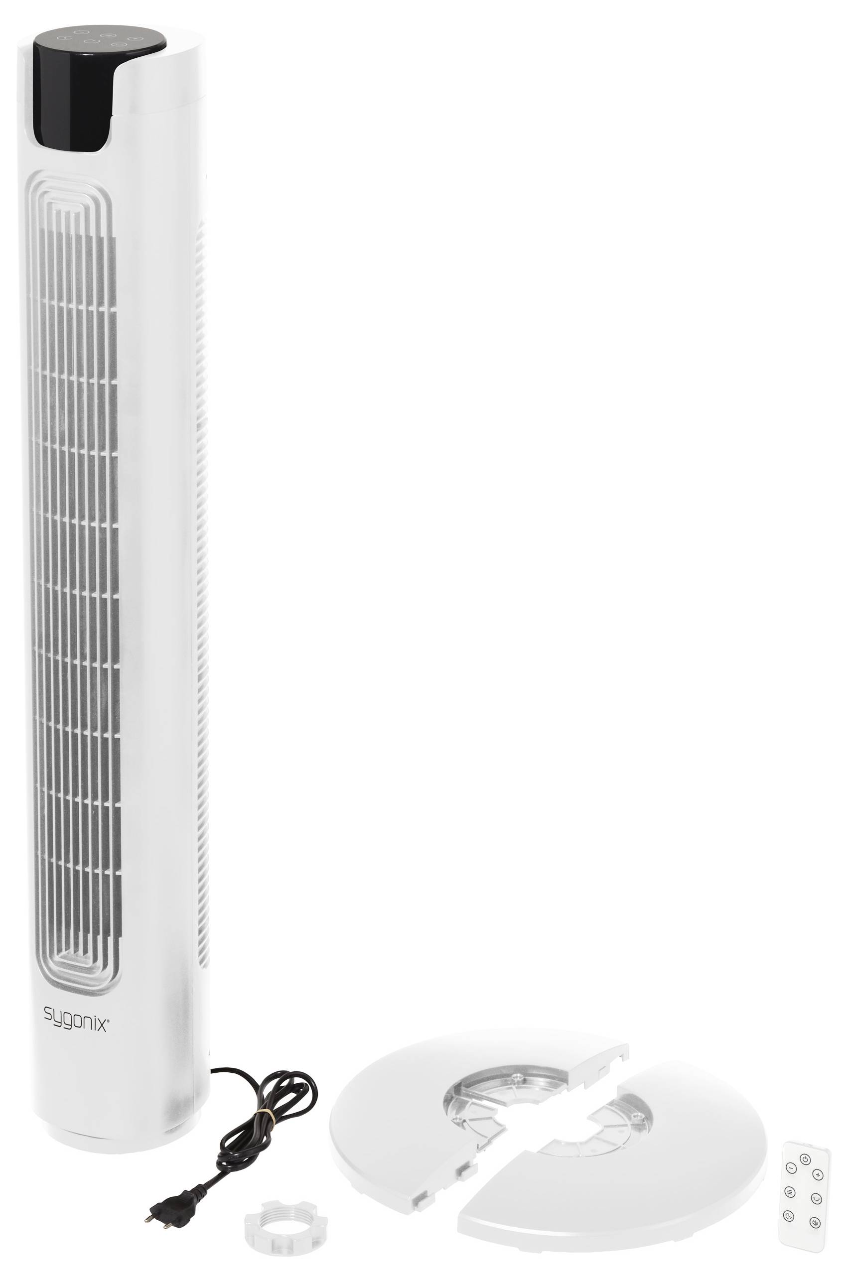 Hoher weißer Turmventilator mit belüfteter Frontseite, neben einer zerlegten kreisförmigen Basis, Netzkabel und Fernbedienung mit mehreren Tasten.