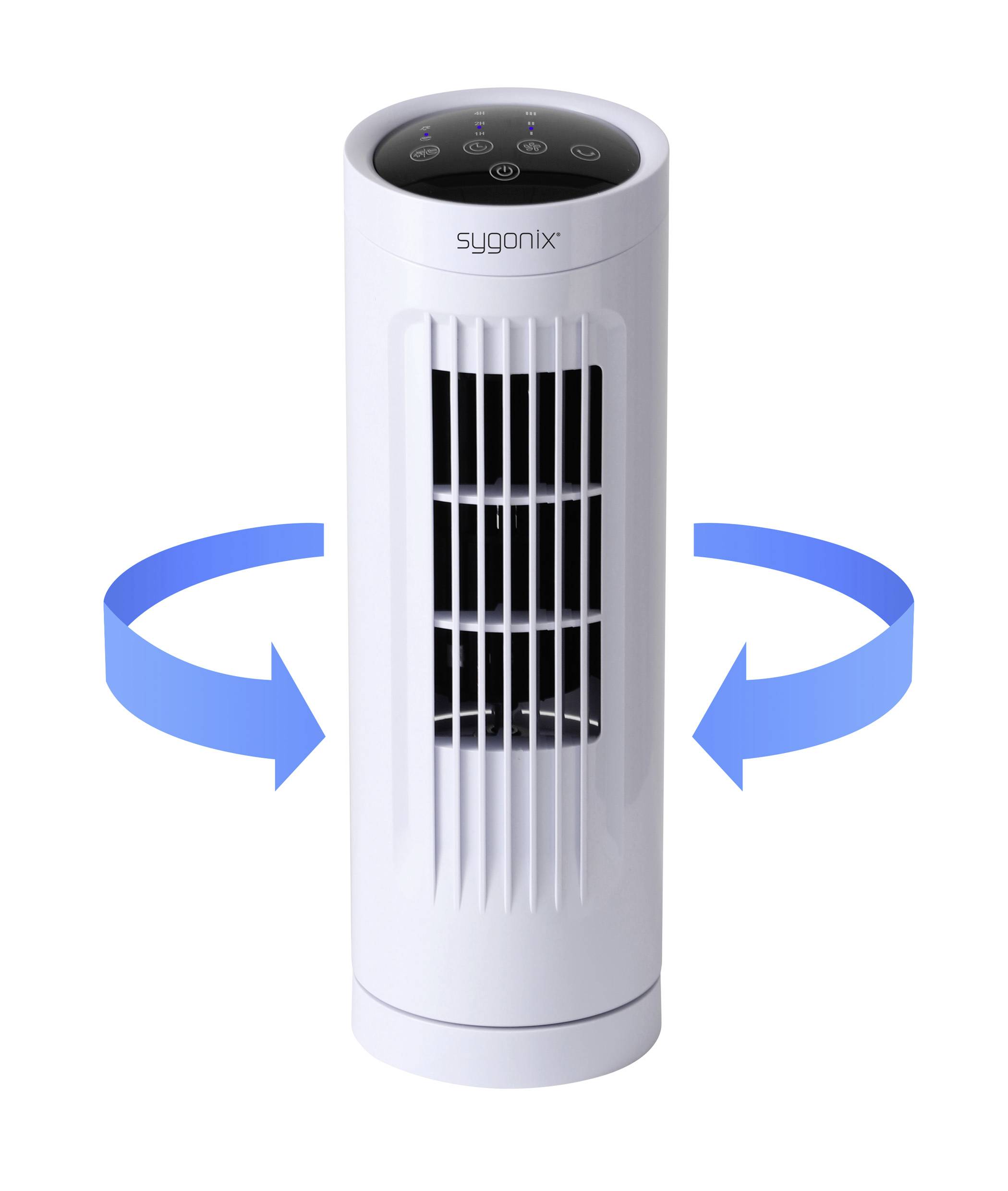 Ein zylindrischer weißer Turmventilator mit Bedienknöpfen oben und Oszillationsanzeigen, die blaue Pfeile zur Luftrichtung zeigen.