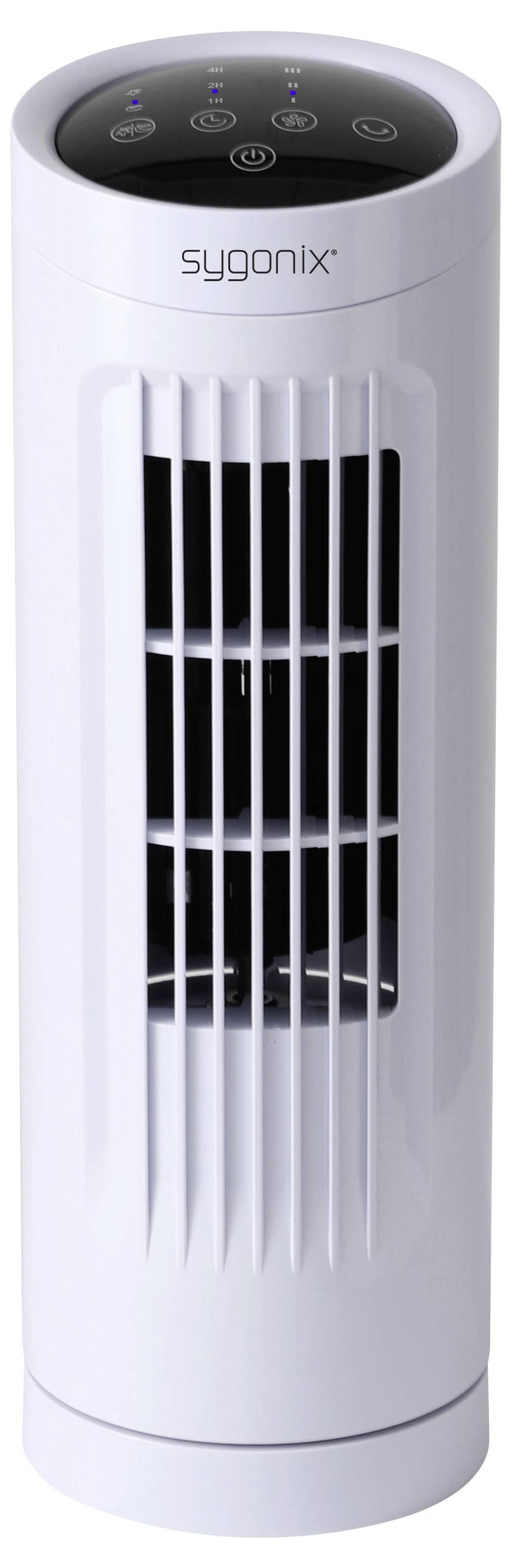 Ein hoher, weißer Turmventilator mit schwarzem Oberteil, der vertikale Lüftungsschlitze und Bedienknöpfe aufweist. Die Marke 'sygonix' ist am oberen Rand angebracht.