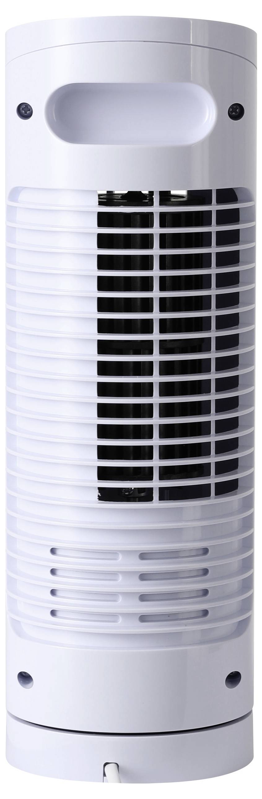 Ein weißer zylindrischer Turmventilator mit einem vorderen Gitter, konzipiert zum Kühlen eines Raums, mit einer eleganten und modernen Optik.